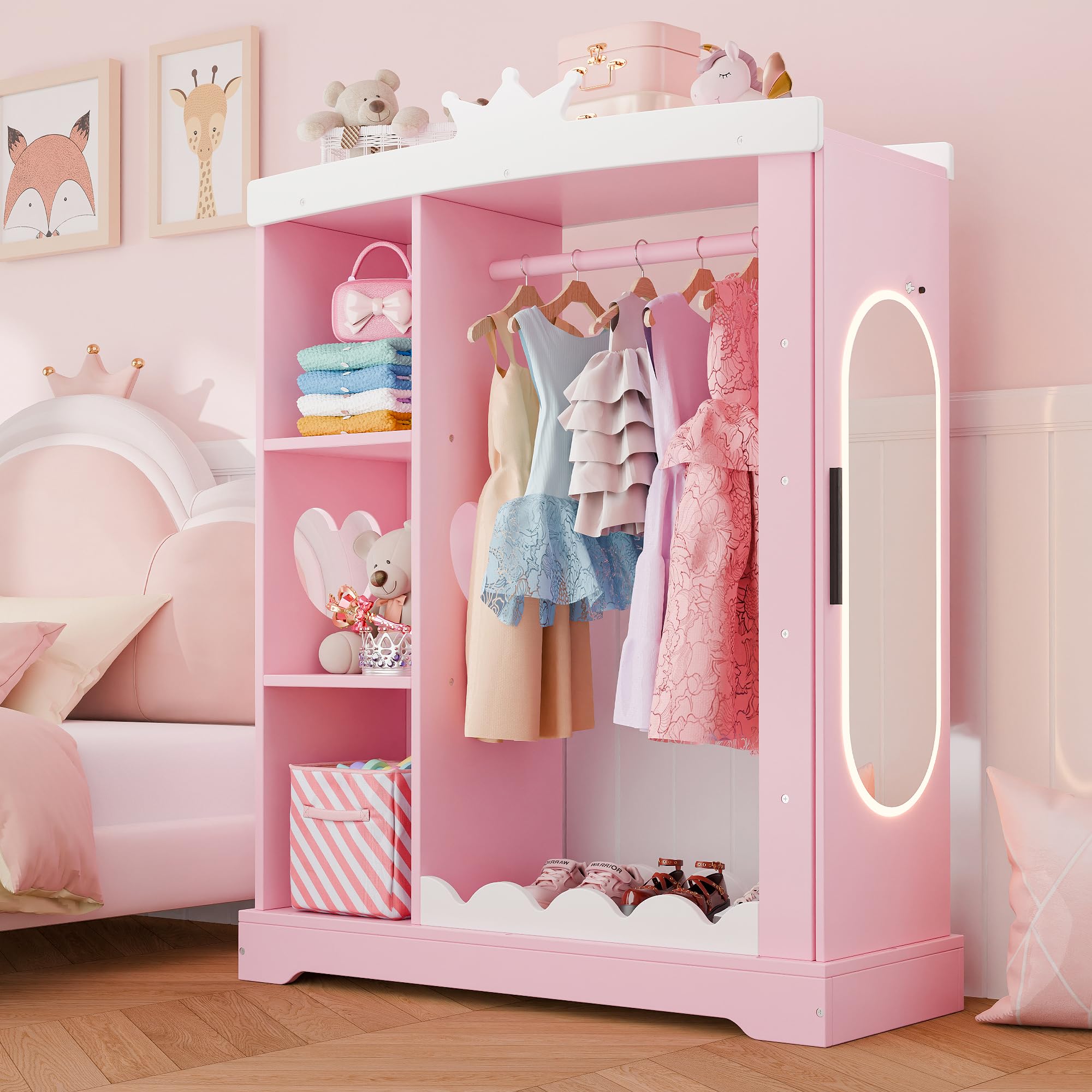 Xilingol Kids Armoire with Jewelry Cabinet & Mirror - Princess Dress Up Storage Wardrobe with Shelves - Pink Costume Organizer for Girls Bedroom & Playroom - Perfect for Birthday Gifts & Pretend Play