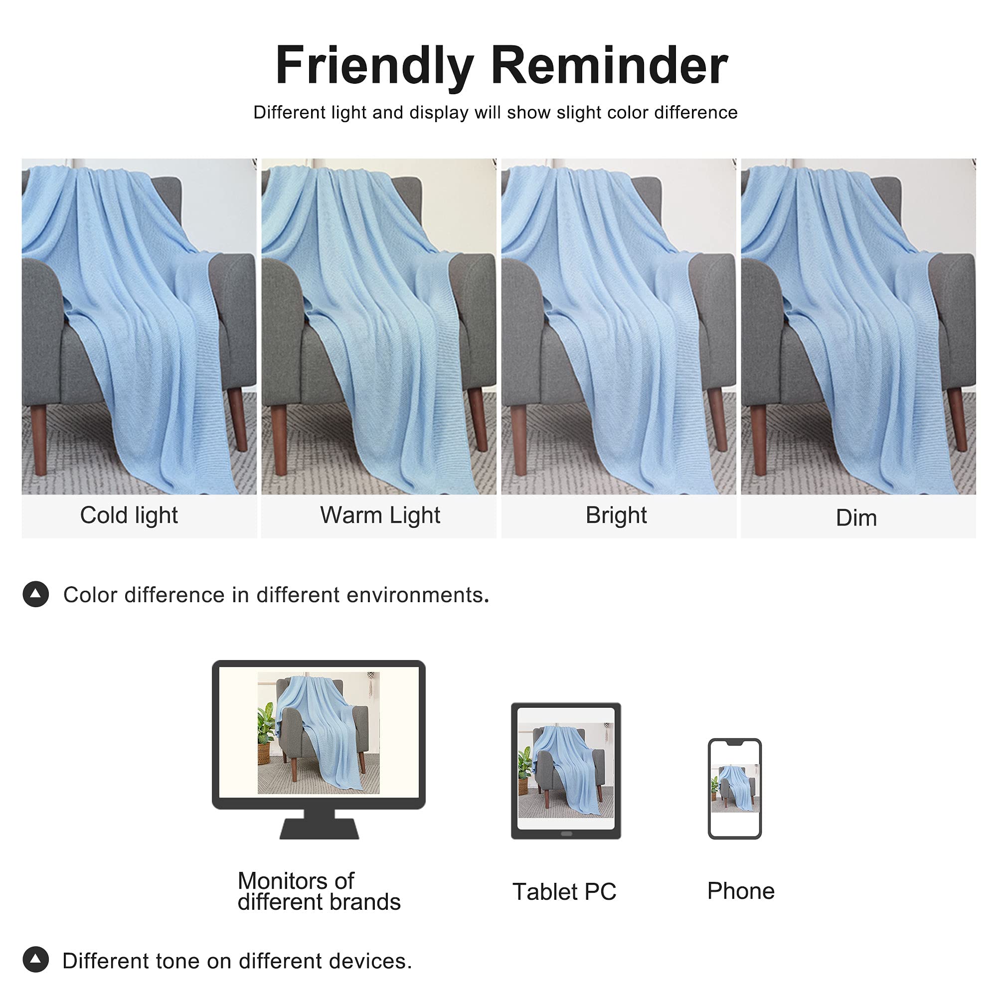 PiccoCasa 100% Cotton Knit Throw Blanket - Ultra Soft Lightweight Decorative Sofa Blanket for Living Room, Bed, Office - Pale Blue 50