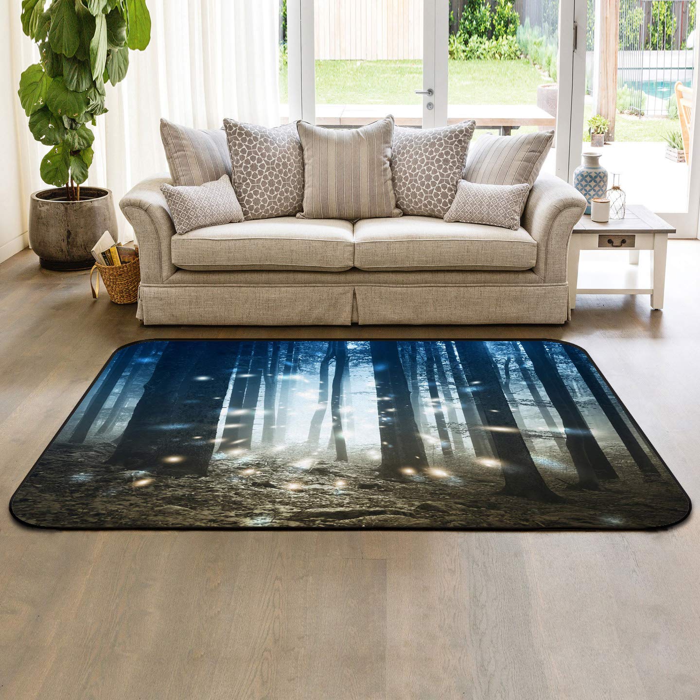 5'x7' Forest Large Area Rug - Non-Slip Machine Washable Carpet for Living Room, Bedroom & Kids Room - Animal Fantasy Firefly Design - Perfect for Home Decor, Nursery & Playroom
