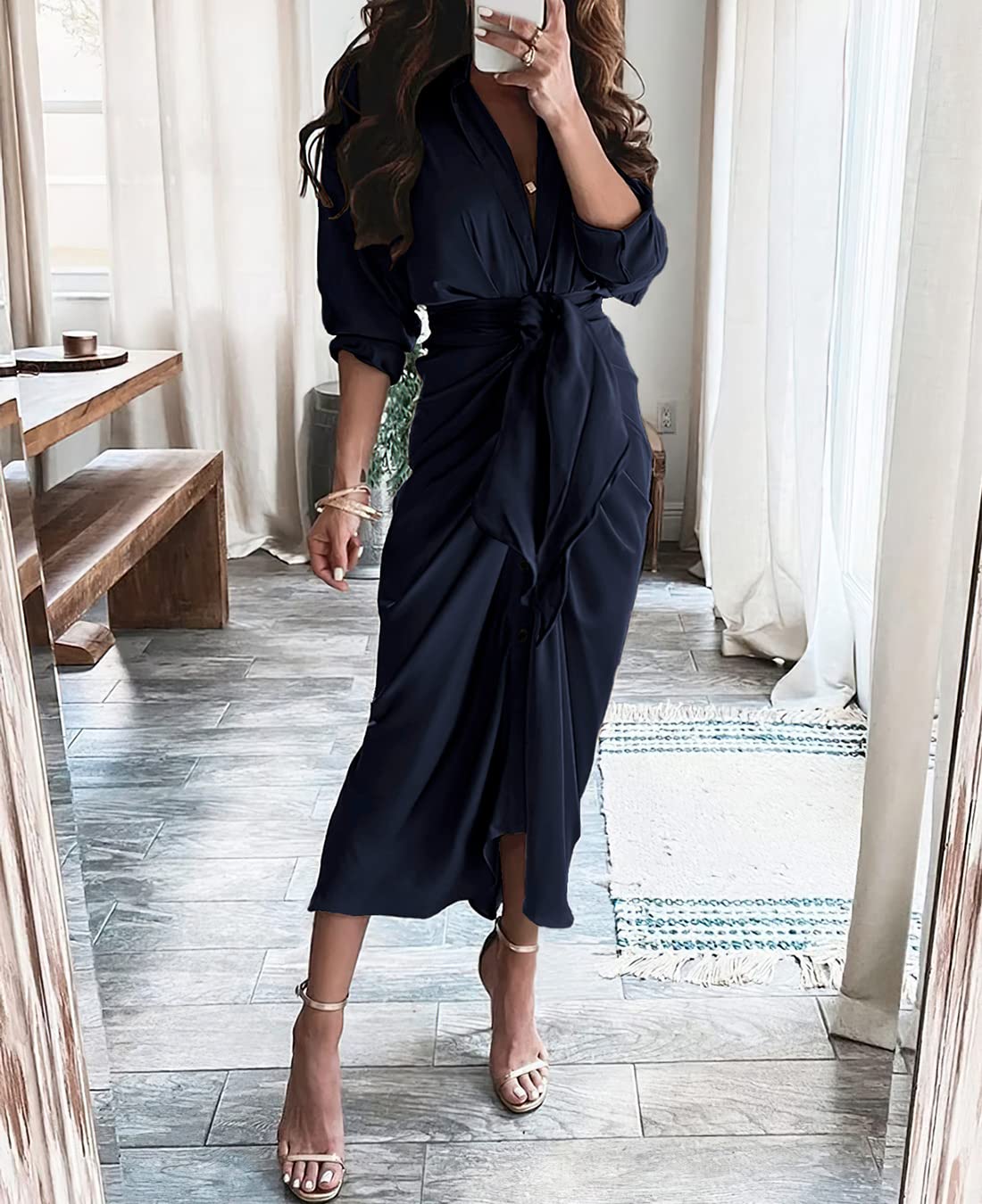 BTFBM Women's Elegant Long Sleeve Satin Maxi Dress with V-Neck & Belt - 2025 Spring/Summer Lapel Button Down Ruched Shirt Dress for Wedding, Party & Office Wear
