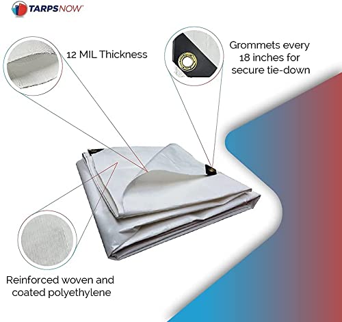 Heavy Duty 10x30 FT Waterproof Poly Tarp - 12 MIL Thick Rip & Tear Resistant Cover with Rustproof Aluminum Grommets & Reinforced Edges - Perfect for Roof Repairs, Camping, Construction, Landscaping, and Outdoor Protection (White)