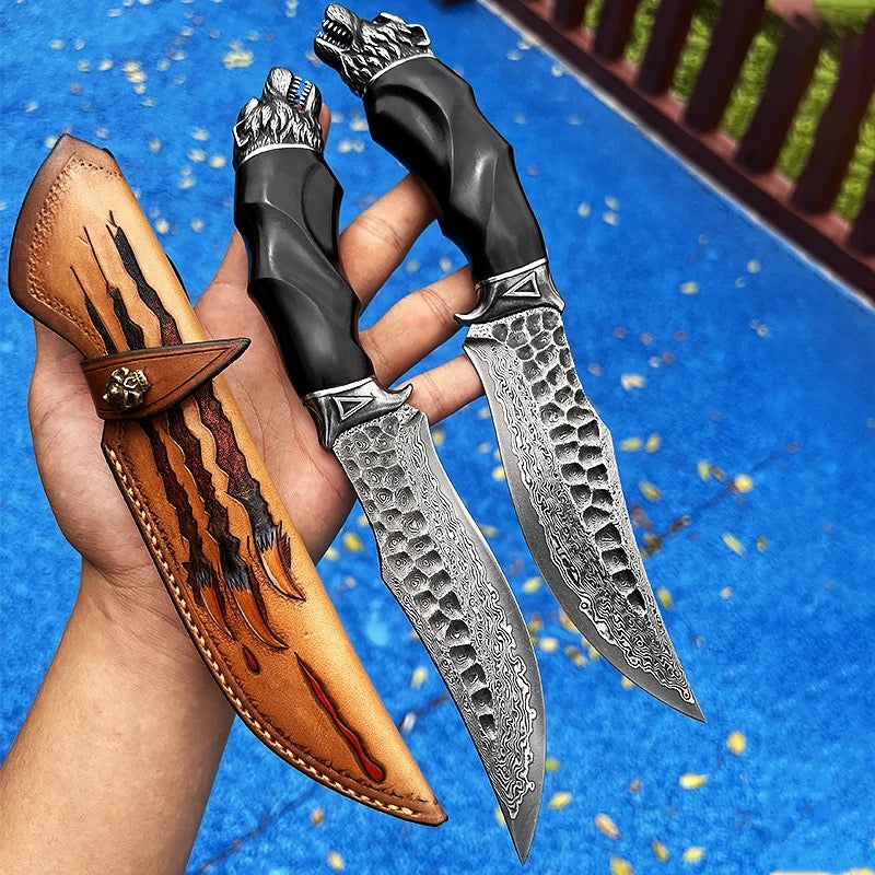Premium Japanese Hunting Knife - VG-10 Damascus Steel Blade & Exotic Ebony Wood Handle - Ideal for Outdoor Adventures, Camping, and Bushcraft Activities