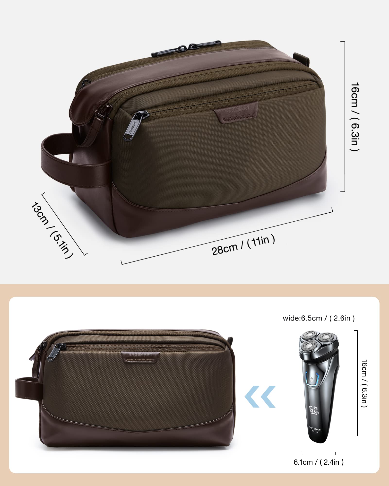 BAGSMART Large Water-resistant Travel Toiletry Bag for Men - Durable Shaving Dopp Kit Organizer with Multiple Pockets, Perfect for Toiletries & Accessories (Brown) | Ideal for Business Trips, Gym, Camping & Weekend Getaways