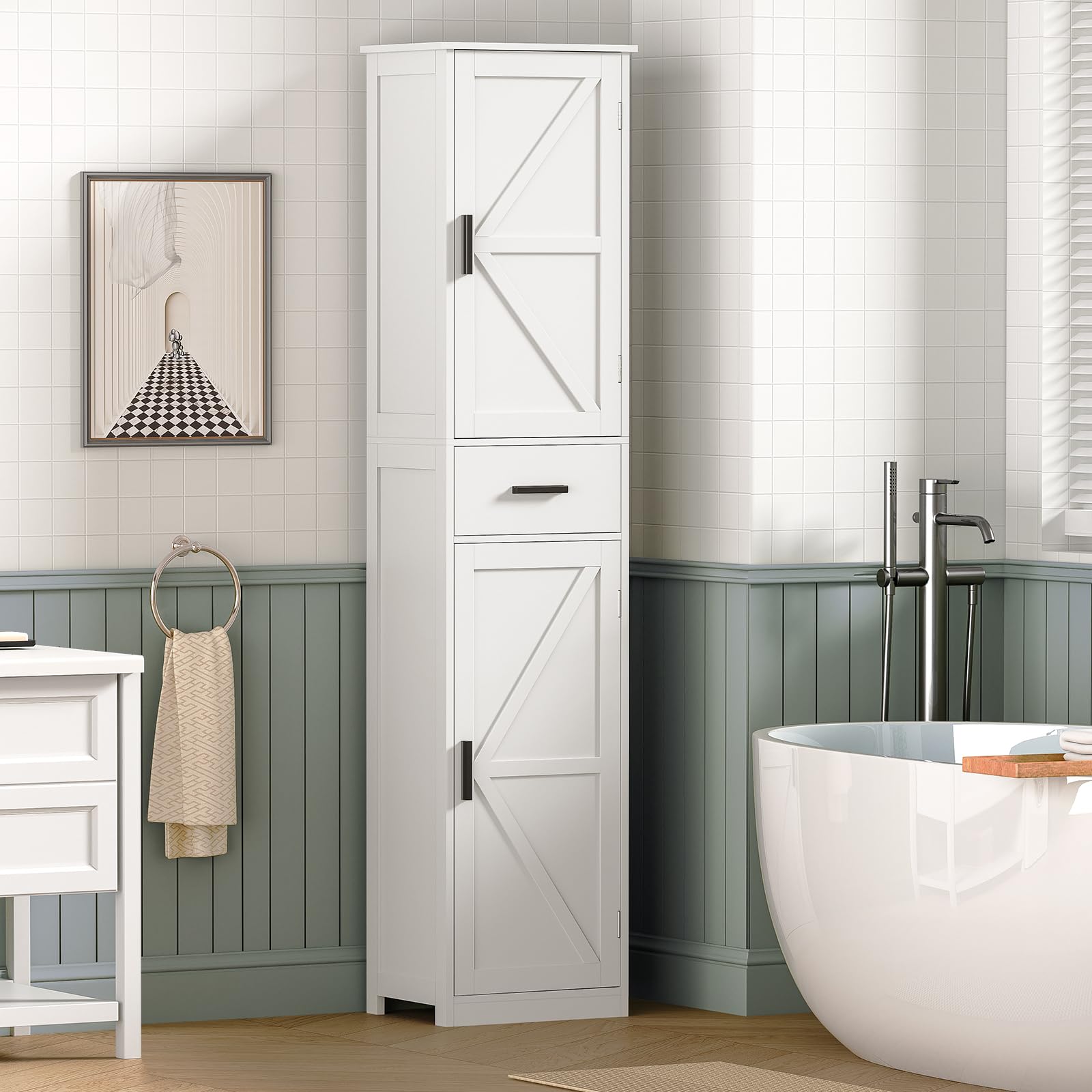 WEENFON 6-Shelf Tall Bathroom Storage Cabinet with Adjustable Shelves & Drawer - White Bathroom Organizer for Towels, Toiletries & Cosmetics - Perfect for Living Room, Home Office & Small Space Organization