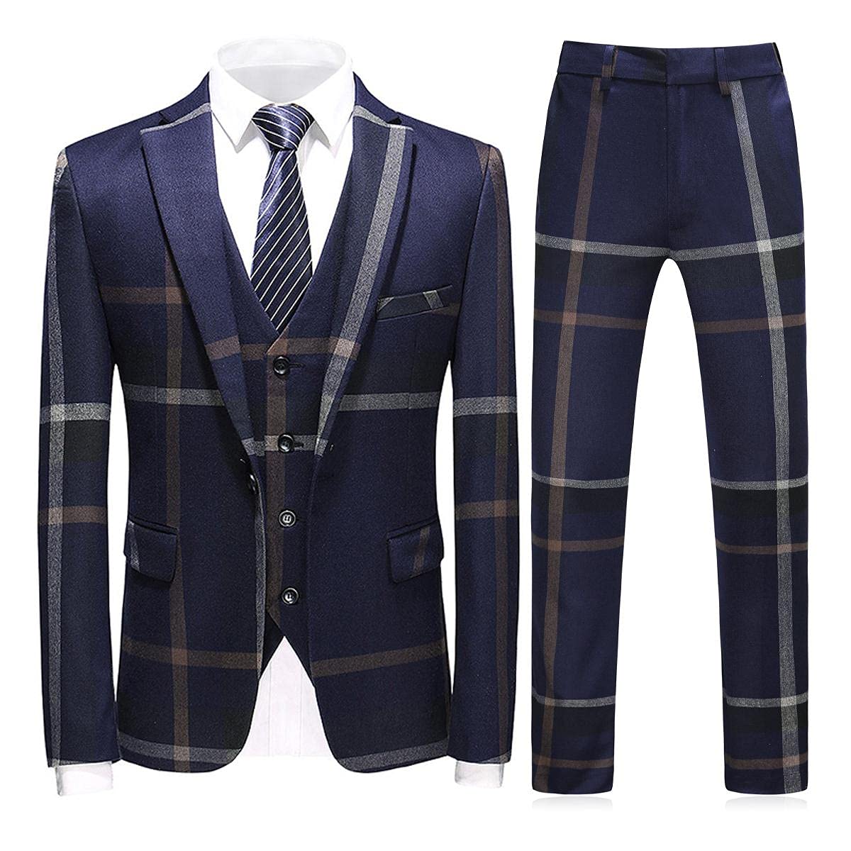 Men's 3-Piece Check Plaid Suit Set - Single Breasted One Button Jacket, Formal Dress Blazer for Party, Prom & Business Events | Perfect for Weddings, Office & Special Occasions