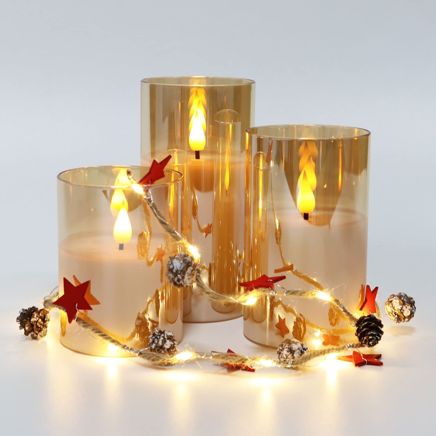 Battery Operated Gold Glass Candles with Pre-Lit Christmas Pinecone Garland - Elegant Holiday Table Centerpiece for Christmas, Weddings & Home Decor