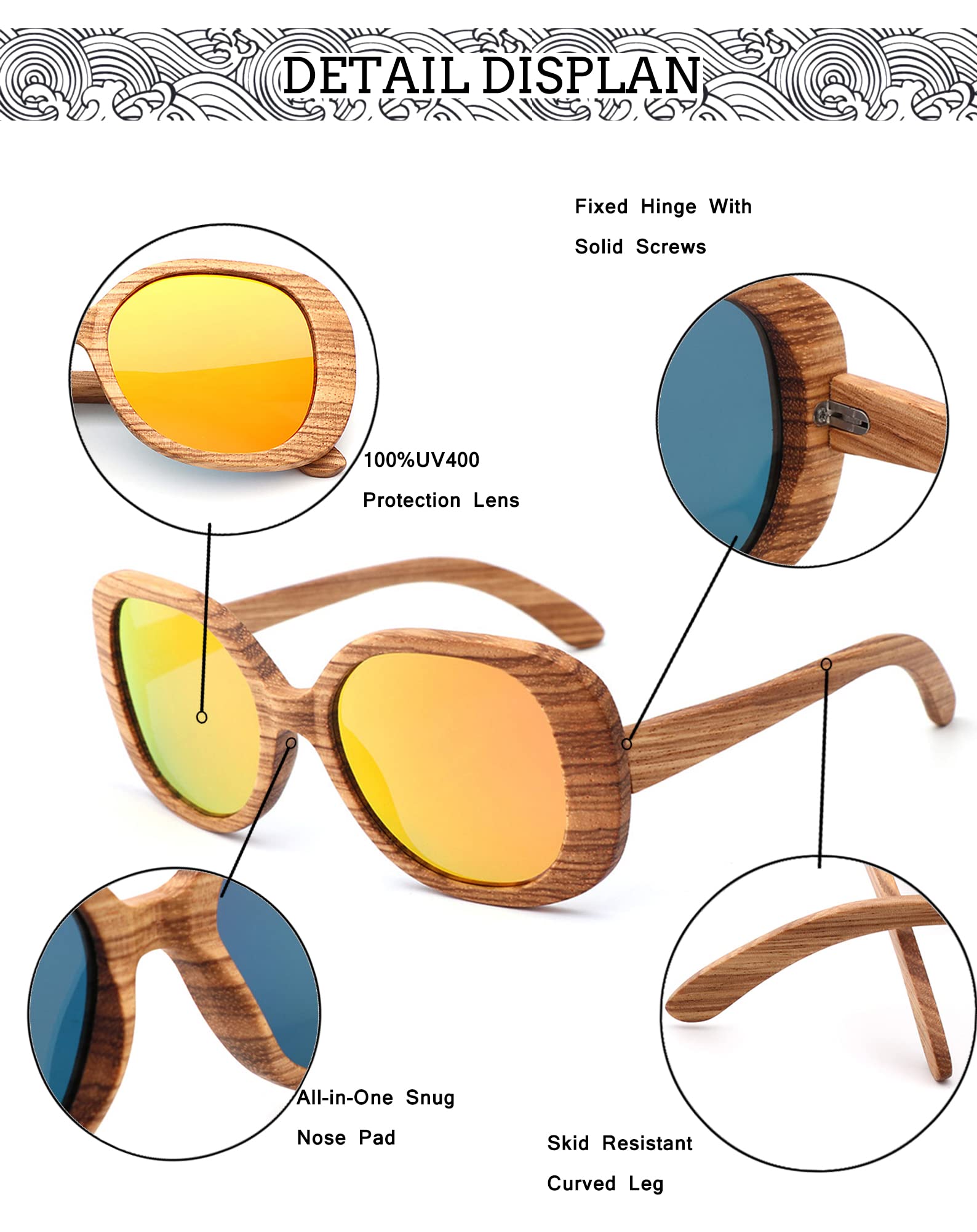 Women's Polarized Sunglasses - Wood Frame Oversized UV Protection - Fashionable & Durable for Outdoor, Driving & Sports Activities