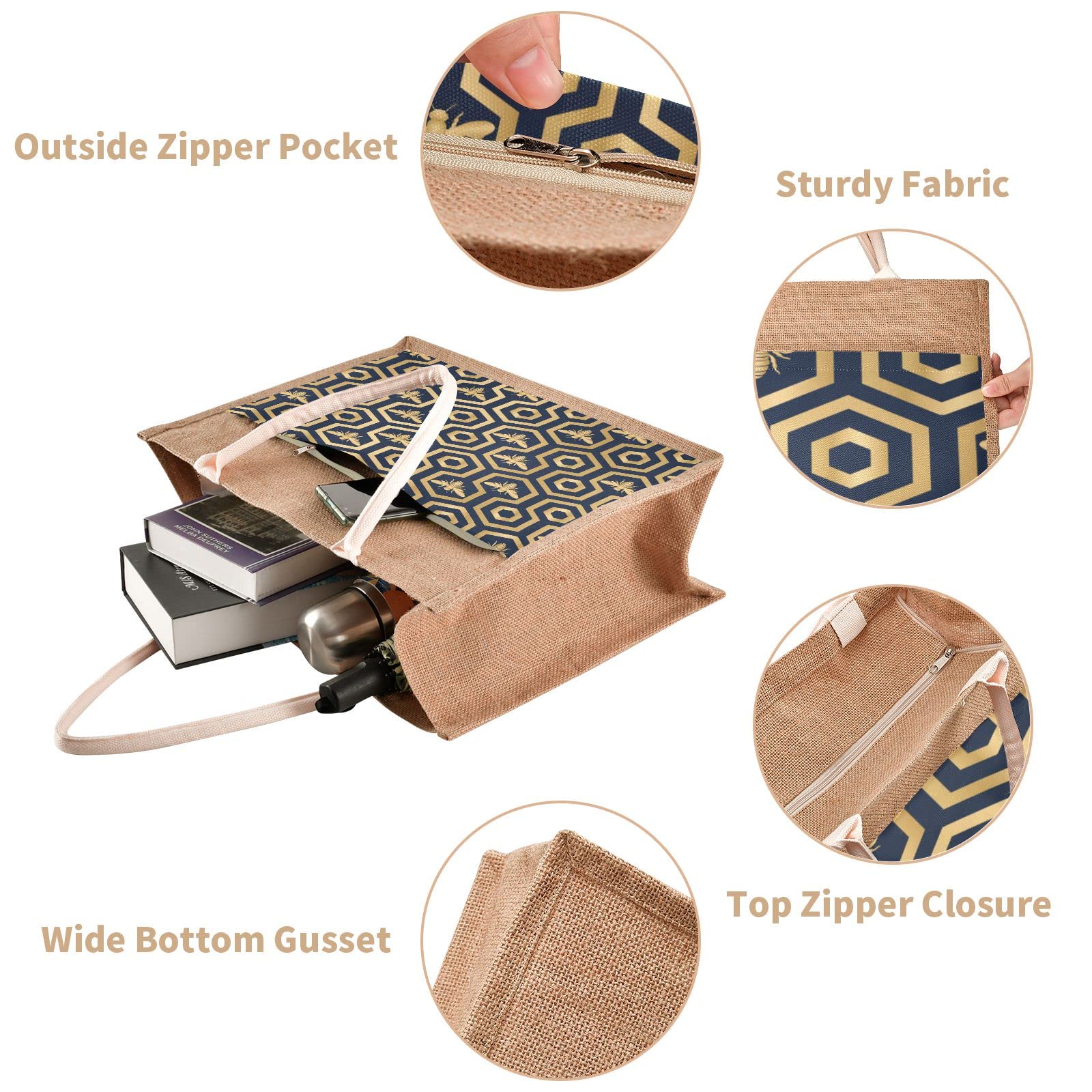 Linqin Hexagon Pattern Jute Tote Bag - Waterproof Burlap Straw Grocery Shopping Bag for Women, Eco-Friendly Beach Tote & Travel Bag - Perfect for Farmers Market, Picnic, and Summer Outings