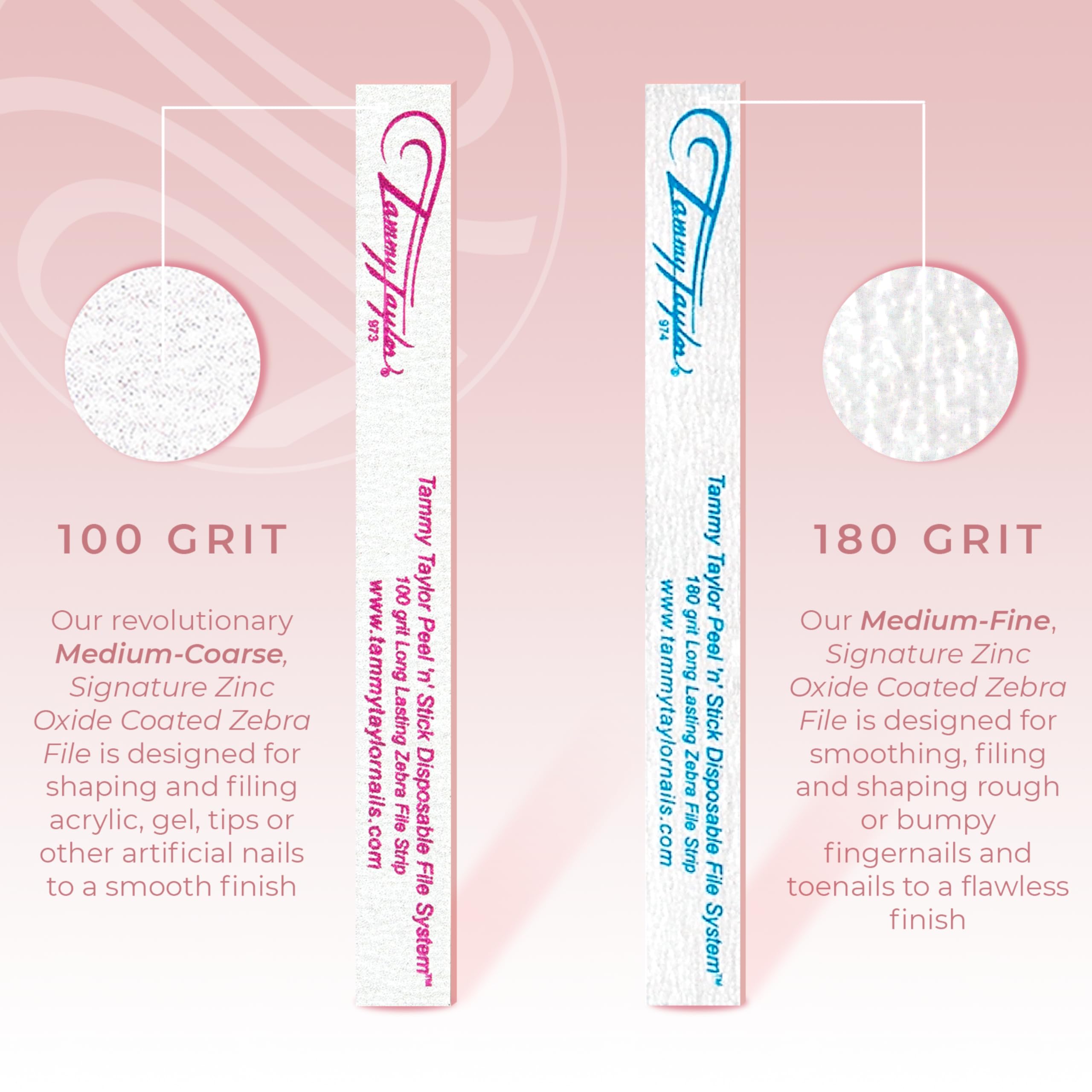 Tammy Taylor 100/180 Grit Professional Nail Files for Acrylic & Gel Nails | Disposable Peel-and-Stick Zebra Emery Boards for Nail Shaping, Art & Powder Application | 10-Pack for Salon & Home Manicure Use