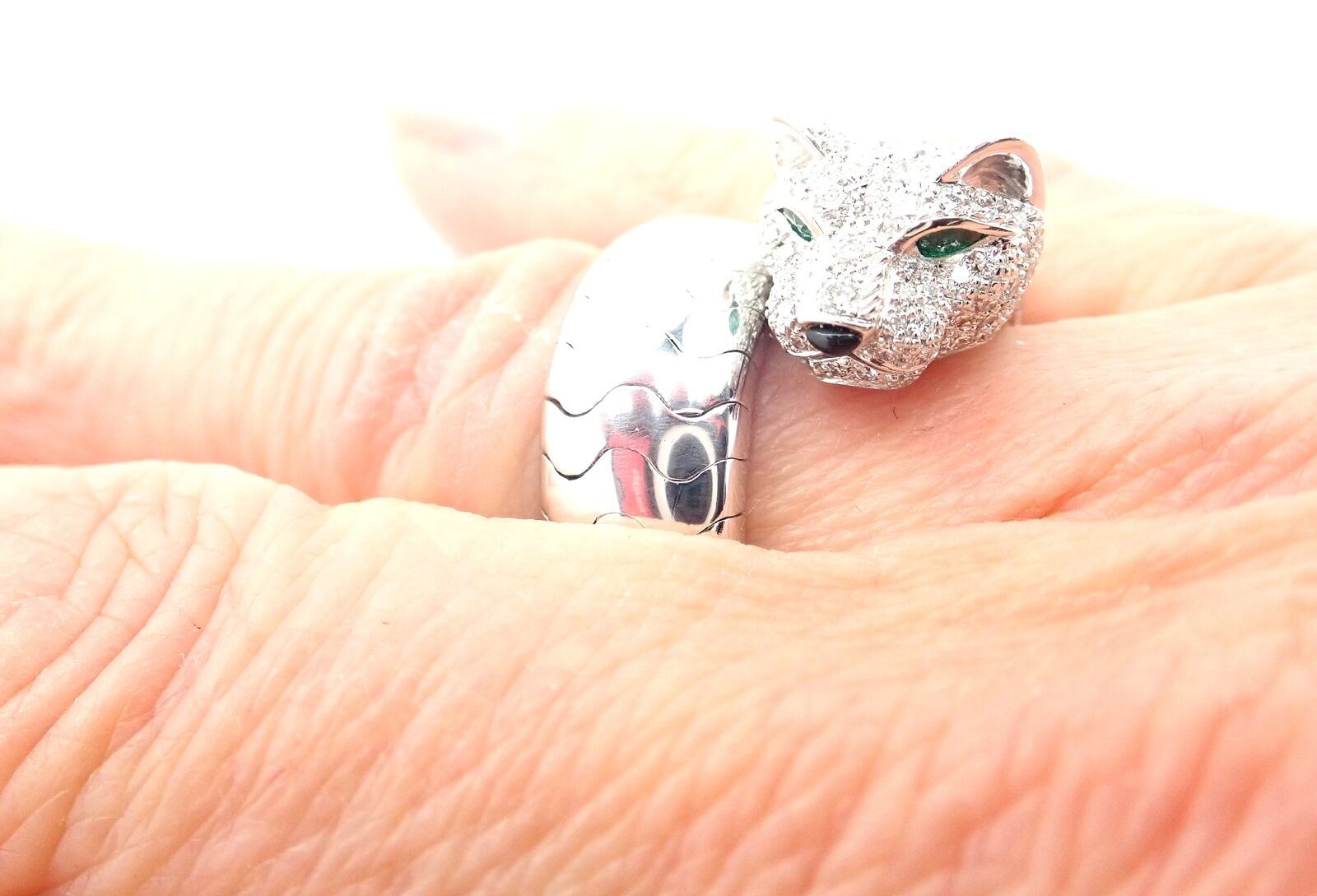 Authentic Cartier Panther 18K White Gold Diamond & Emerald Onyx Ring with Certificate - Luxury Jewelry for Women, Perfect for Weddings, Anniversaries & Special Occasions