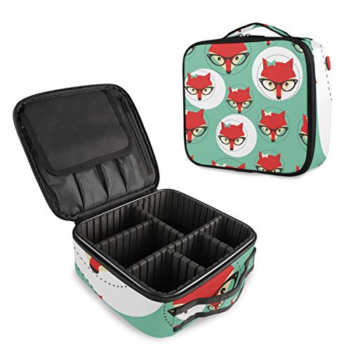 ALAZA Fox Face in Glasses Makeup Cosmetic Case Organizer - Portable Travel Makeup Train Case with Adjustable Dividers | Perfect for Travel, Home Storage & Professional Makeup Artists | Cute Fox Design Cosmetic Bag for Women & Teens