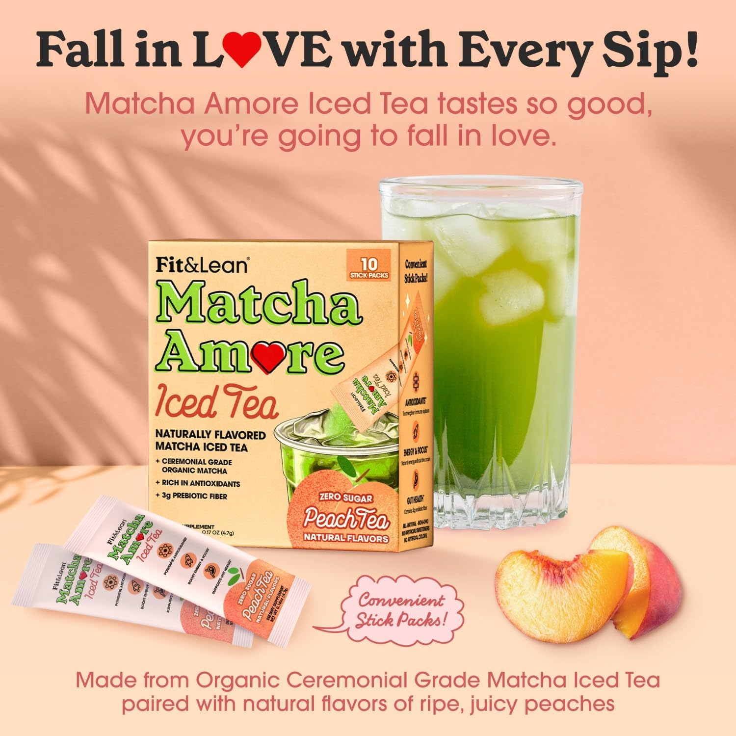 Fit&Lean Matcha Amore Iced Tea Stick Packs - Premium Green Tea Powder for Weight Loss & Energy Boost - Perfect for Workouts, Office & On-the-Go Refreshment