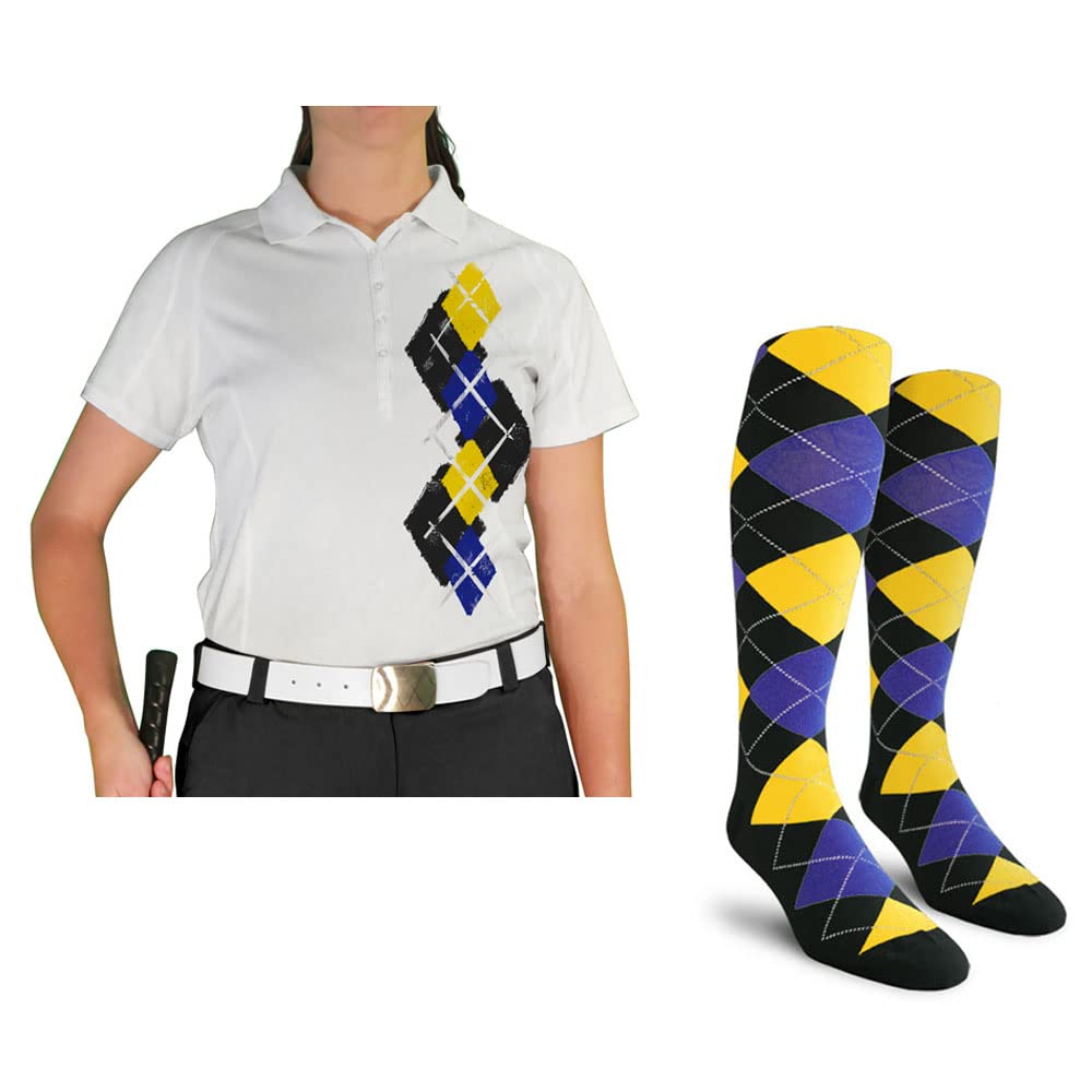 Dry Fit Short Sleeve Graphic Golf Polo Shirt with Socks for Women - Breathable Moisture Wicking Performance Top & Comfortable Socks Set - Argyle Paradise Design (Sizes 4A-4Z) | Perfect for Golfing, Tennis, Casual Wear & Outdoor Activities