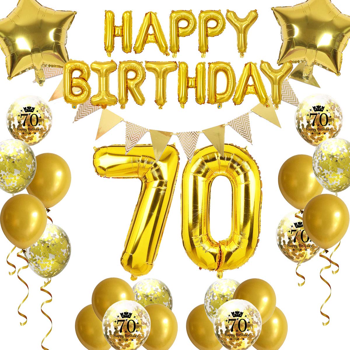 70th Birthday Party Decorations Set - Gold Happy Birthday Letter Balloons, Pennant Banners, Star Foil & Confetti Balloons for Women & Men - Perfect for Mum/Dad's Milestone Celebration - Great for Home, Restaurant & Surprise Parties