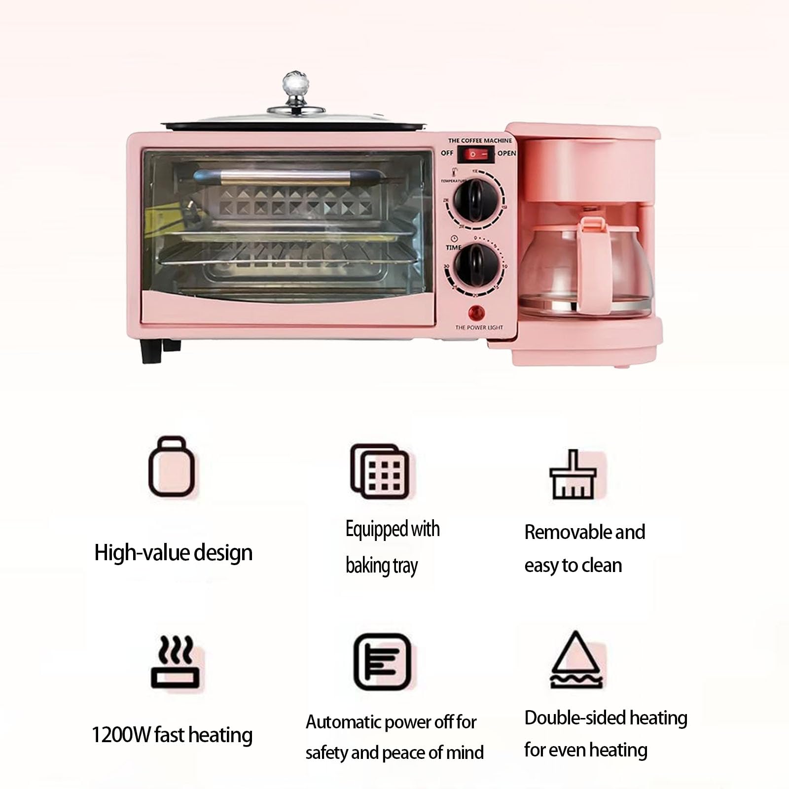 3-in-1 Breakfast Station with Coffee Maker, 9L Multifunctional Toaster Oven Combo - Includes Coffee Machine, Non-Stick Griddle & 4-Slice Toaster | Perfect for Small Kitchens, Dorms & Quick Breakfasts | Compact Pink Appliance with Timer for Home & Office Use