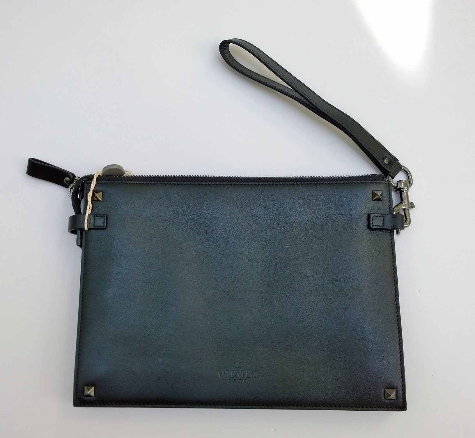 Valentino Garavani Rockstud Men's Leather Clutch Bag with Wrist Strap & Dust Bag - Black Luxury Crossbody Bag for Date Night & Formal Events
