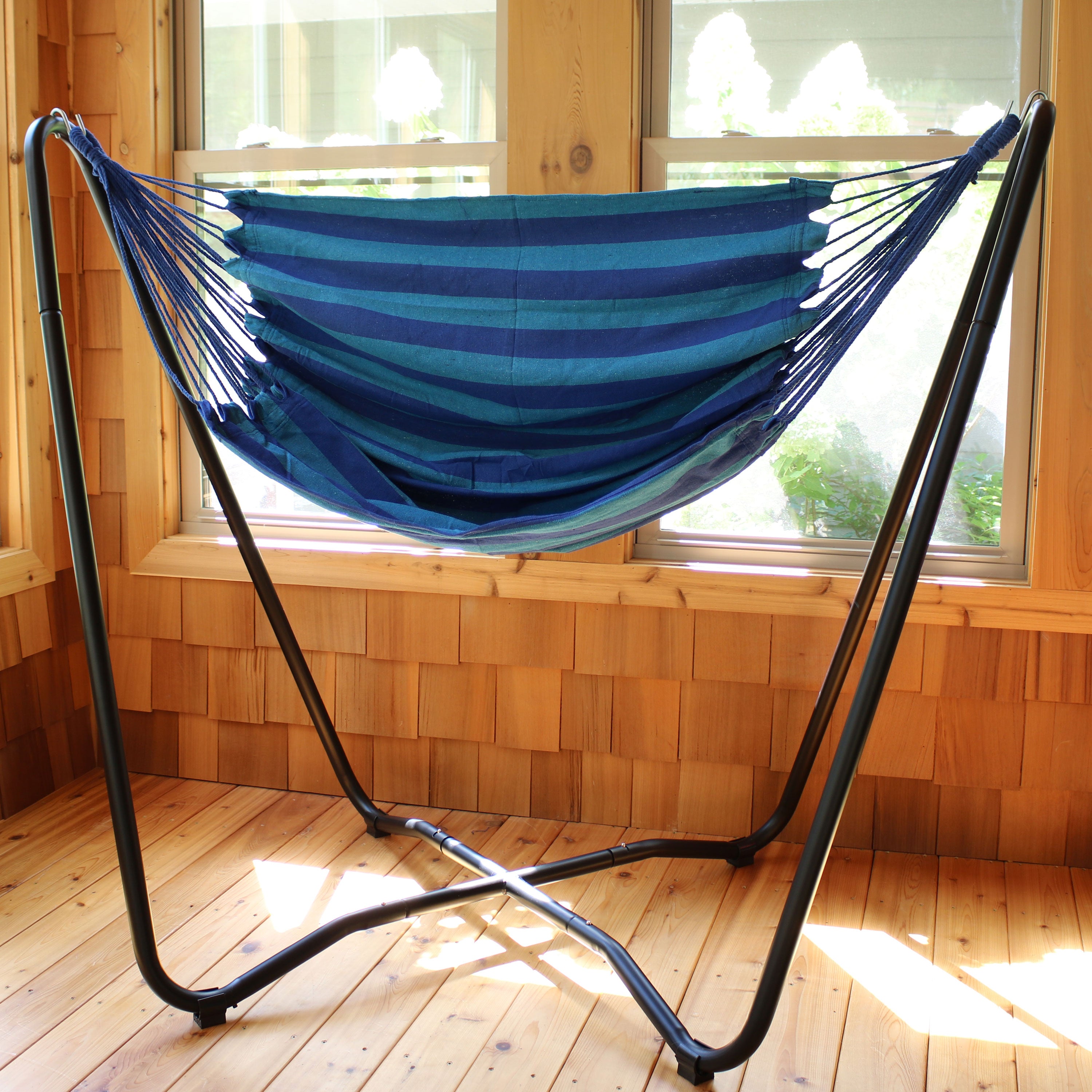 Sunnydaze Hanging Rope Hammock Chair with Space-Saving Stand - Outdoor & Indoor Relaxation for Patio, Garden, Balcony, and Bedroom