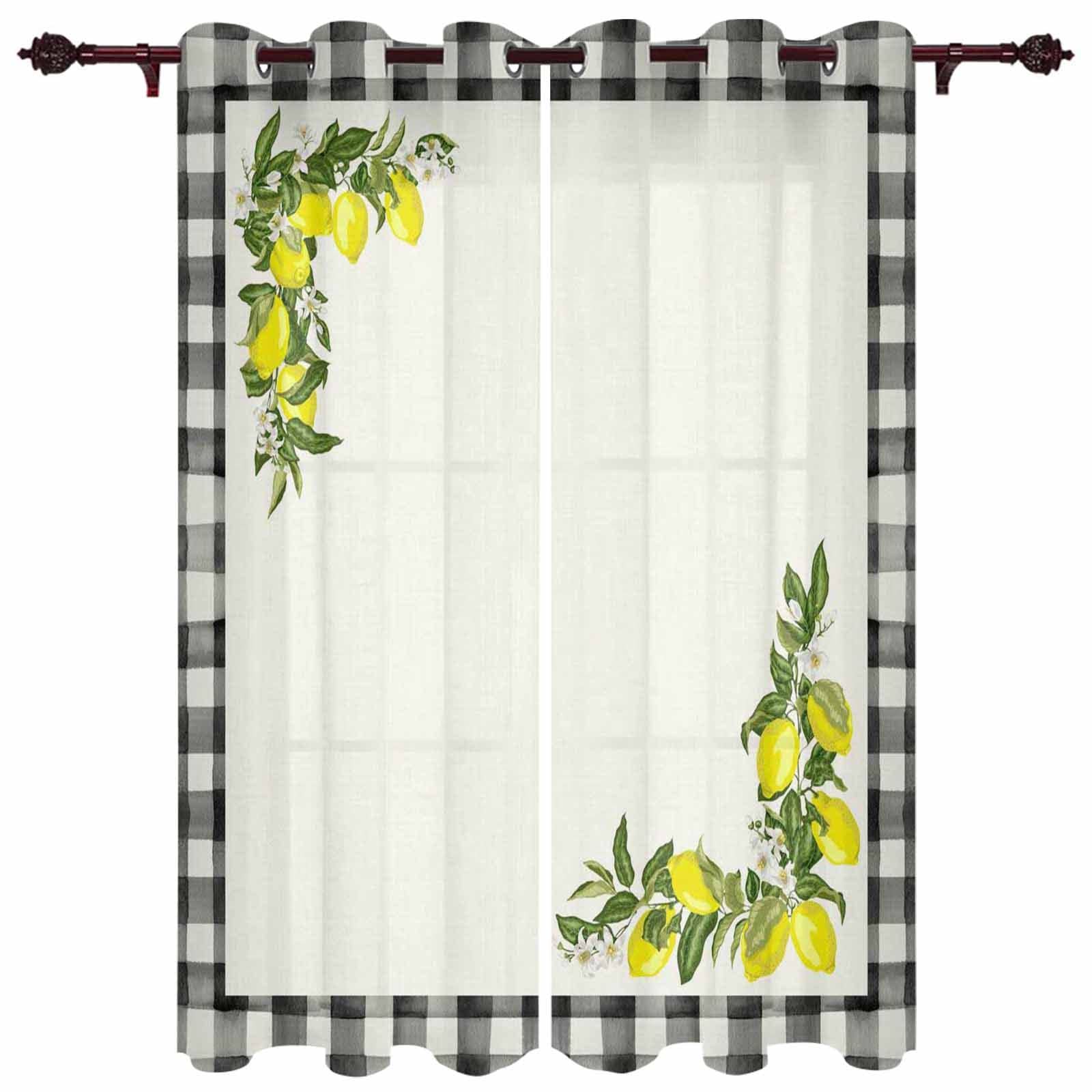 Fresh Modern Farm Fruit Lemon Black & White Plaid Blackout Window Curtains - 2 Panel Grommet Drapes for Living Room & Bedroom (42x63 Inches) - Perfect for Sun Protection, Privacy & Farmhouse Style Home Decor
