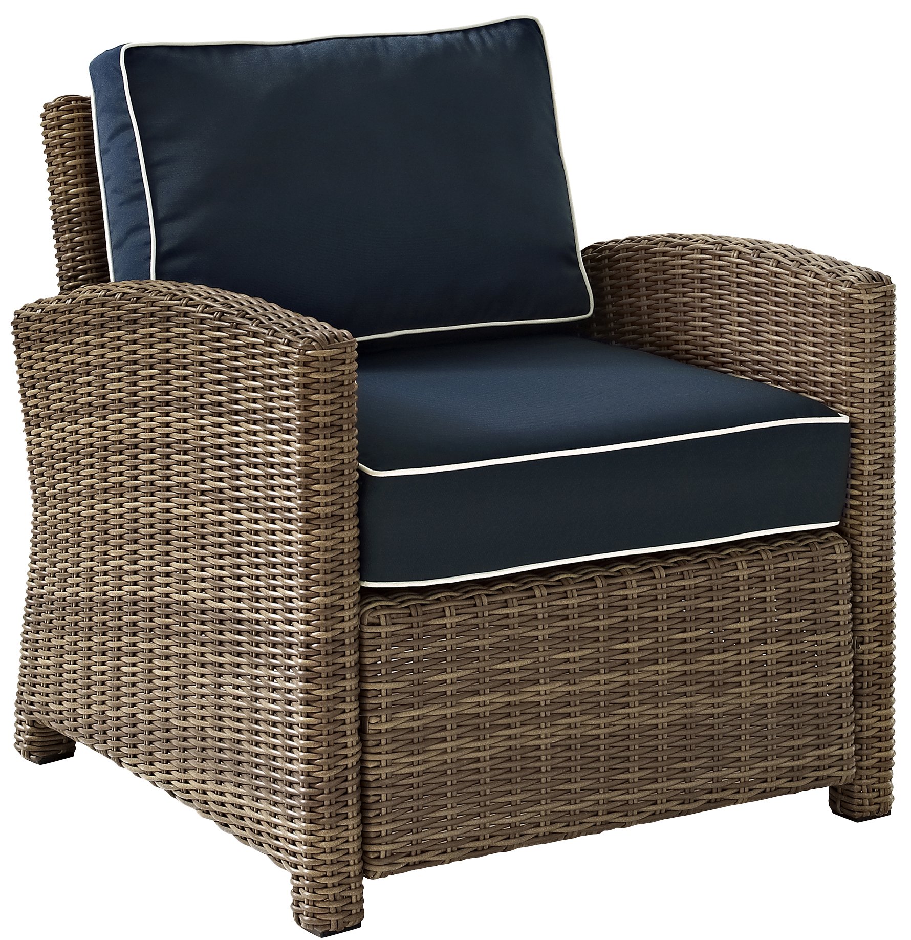Crosley Bradenton 5-Piece Outdoor Wicker Sofa Set with Navy Cushions - Patio Furniture Conversation Set for Porch, Deck & Backyard (Brown)