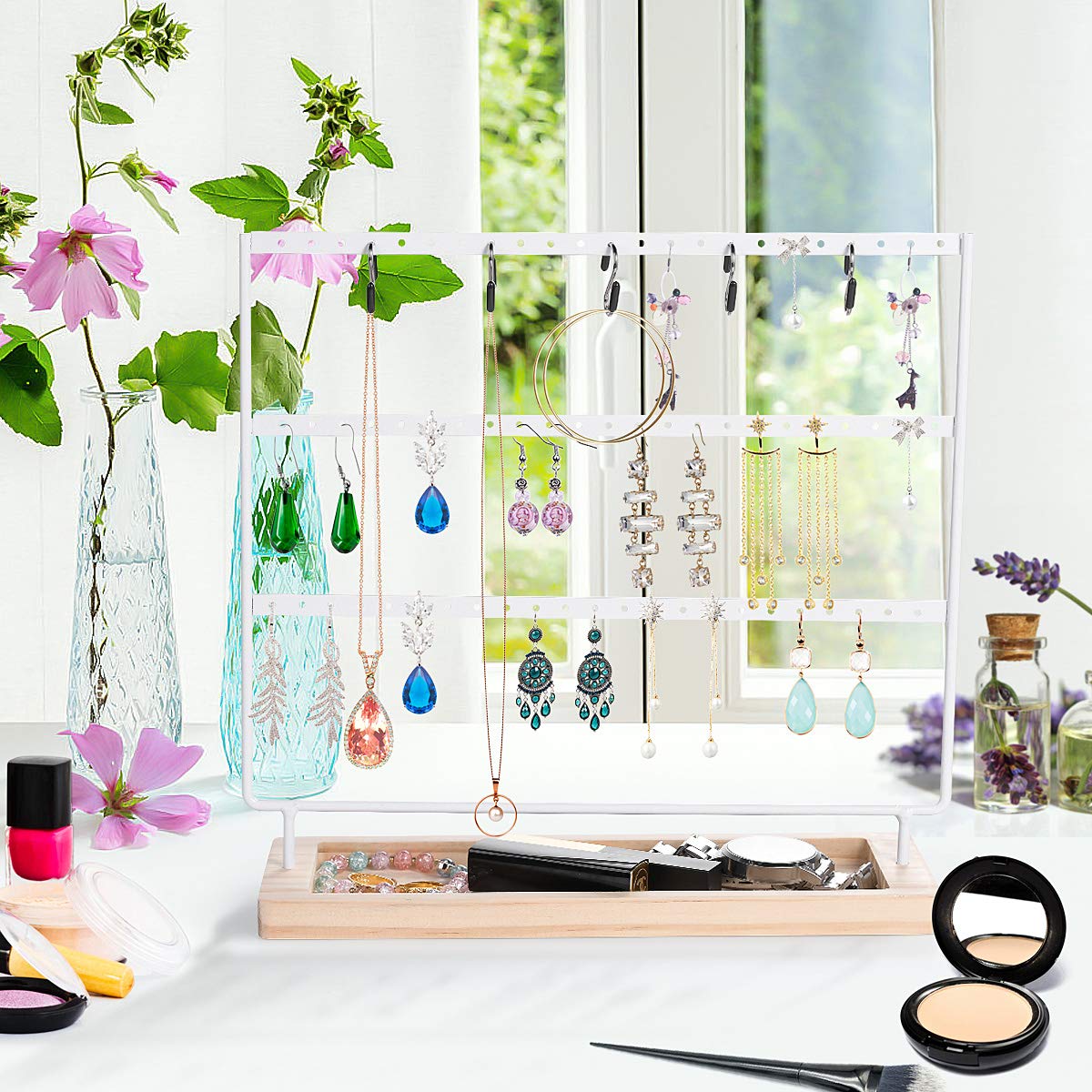 VERGILIUS 3-Tier Jewelry Organizer Stand - White Earring & Necklace Holder Display Tree for Earrings, Necklaces, Bracelets - Perfect for Bedroom, Bathroom, Dresser & Travel Jewelry Storage