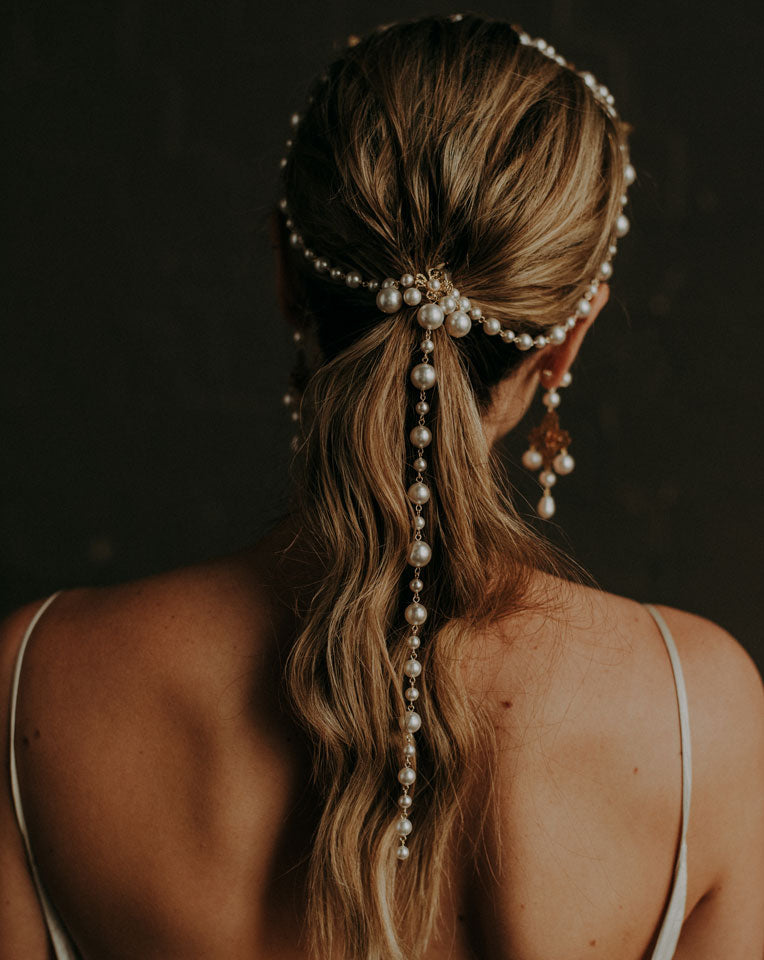 Elegant Bridal Headpiece - Pearl Antique Band with Pearl Drape | Kezani Paros Collection | Perfect for Weddings, Prom & Special Occasions