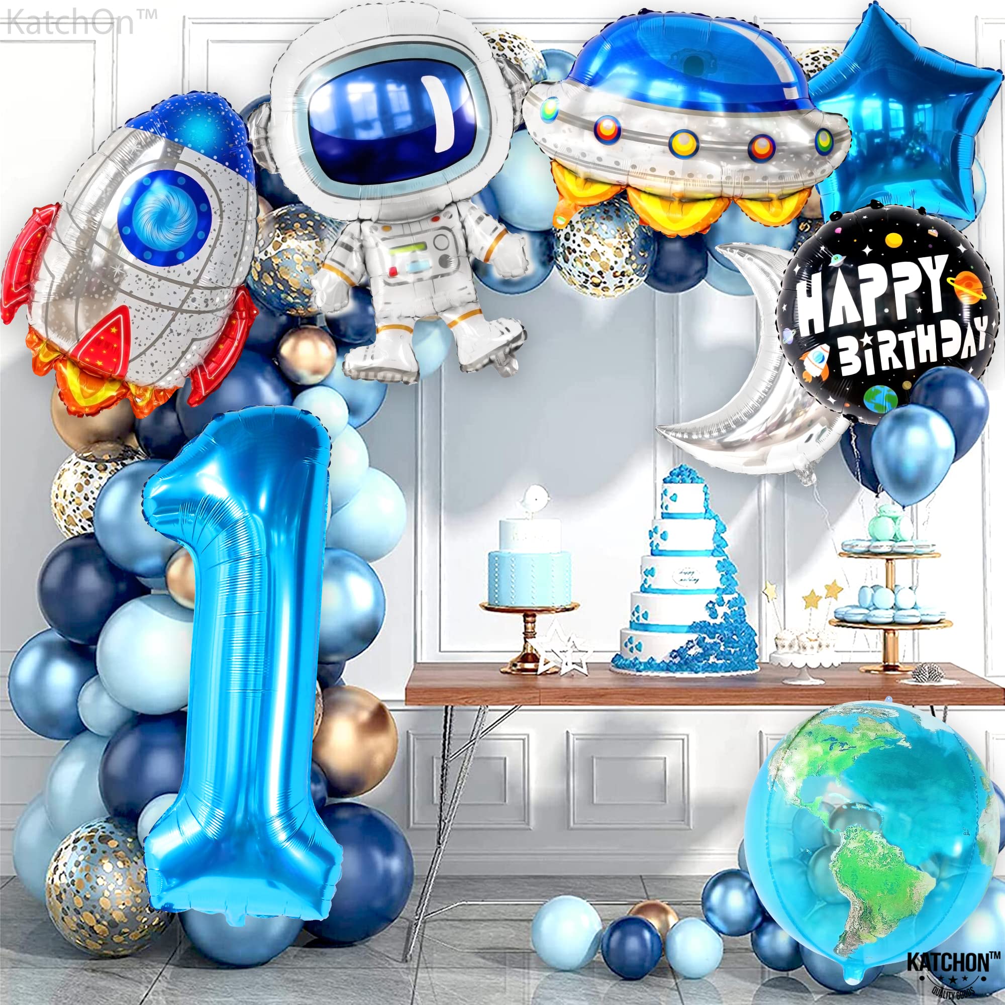 KatchOn 40 Inch Big Space Balloons First Birthday Set - Pack of 8 | Number 1 Balloon Decor for First Trip Around The Sun Theme | Blue Galaxy Party Decorations for Baby's 1st Birthday, Space-Themed Celebrations & Milestone Photos