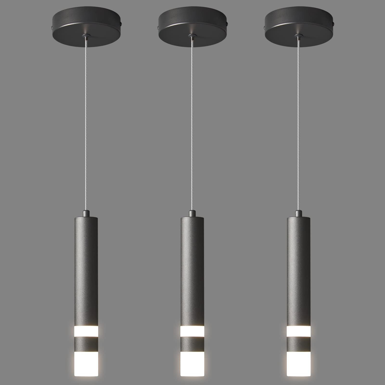 Modern Dimmable LED Mini Pendant Light Fixture - Black 3-Pack for Kitchen Island, Bedroom, Bedside Table | Energy Efficient Hanging Lighting for Dining Room, Bar Counter, Living Room Decor