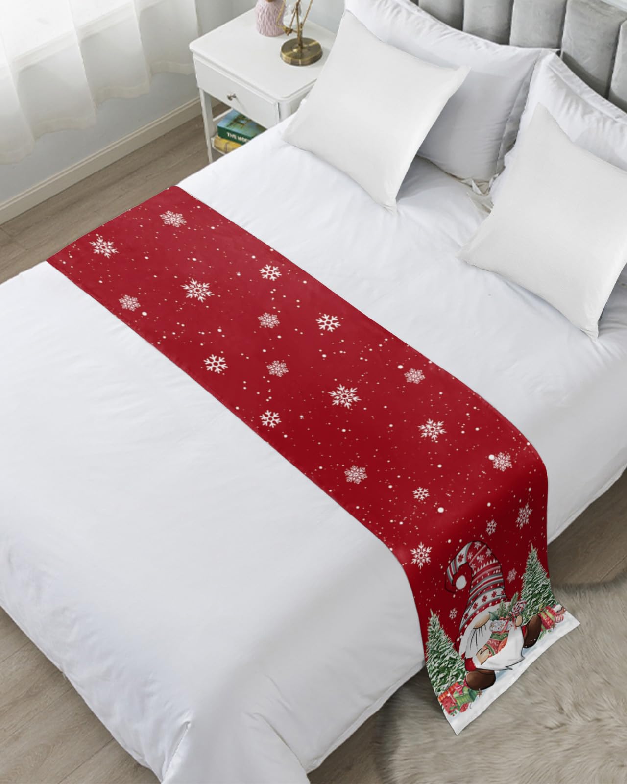 Christmas Gnomes Red Bed Runner for Queen Size Bed - Xmas Decorative Bed Scarf Throw for Foot of Bed - Rustic Tree Snowflake Luxury Bedding Protector Slipcover - Perfect for Hotels & Homes (83 x 20 Inches) - Ideal for Holiday Decor, Bedroom Styling & Festive Home Accents