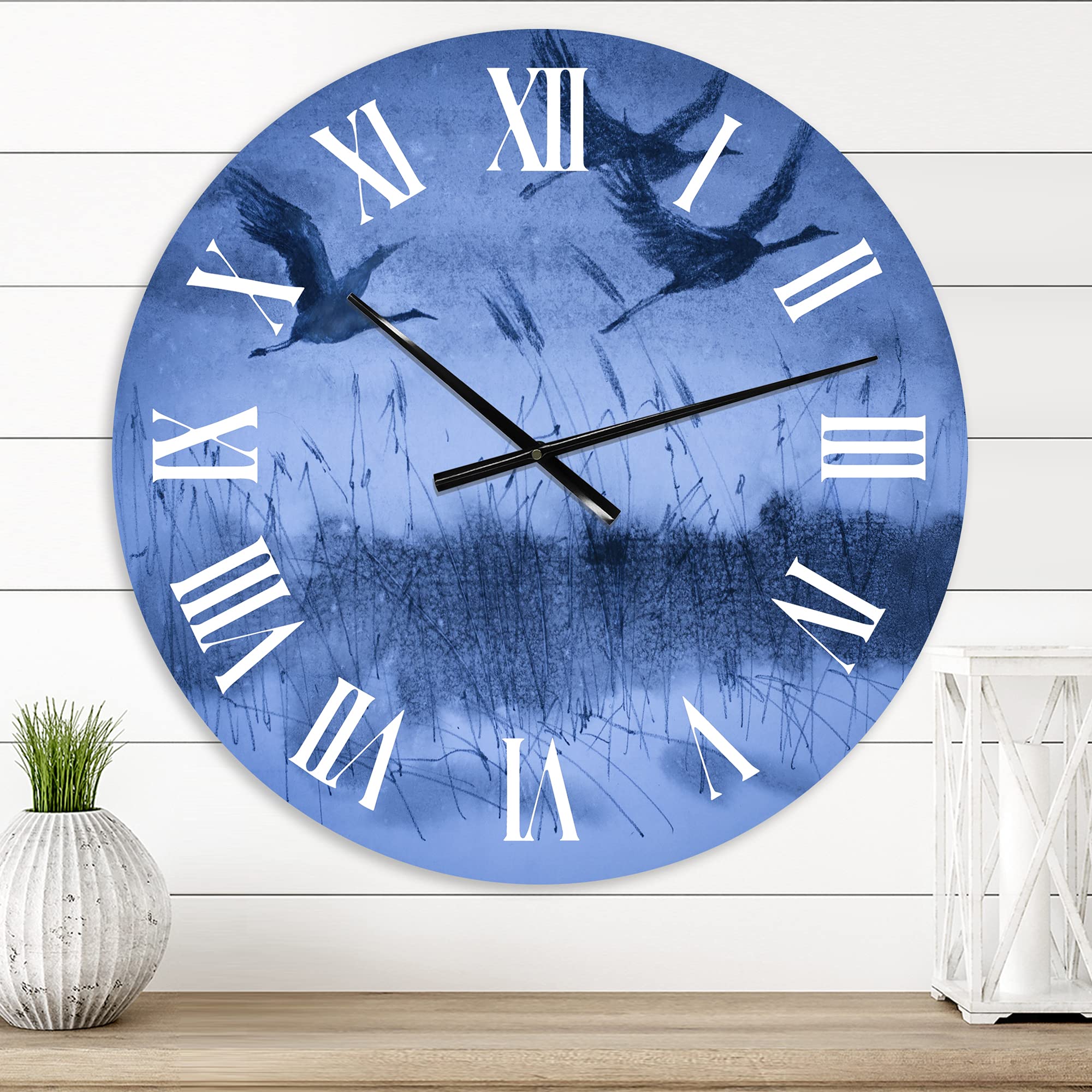 DesignQ Traditional Large Wall Clock - 'Cranes in Flight' Dark Blue Evening Scene - Silent Non-Ticking Office Decor for Home & Business | Perfect for Living Room, Bedroom, Study or Conference Room