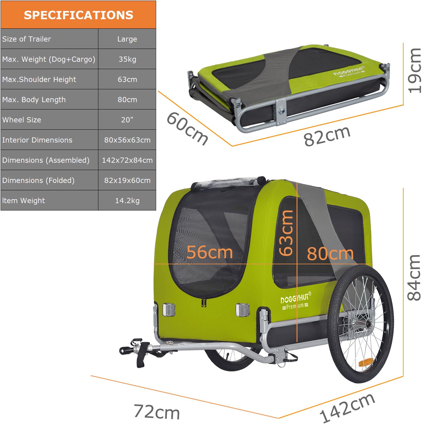 DOGGYHUT® Premium Large Dog Bike Trailer for Medium & Large Dogs Up to 78 lbs - Safe & Stable Bicycle Pet Carrier with Low Center of Gravity & Easy Folding Frame - Perfect for Cycling, Jogging & Outdoor Adventures with Your Pet