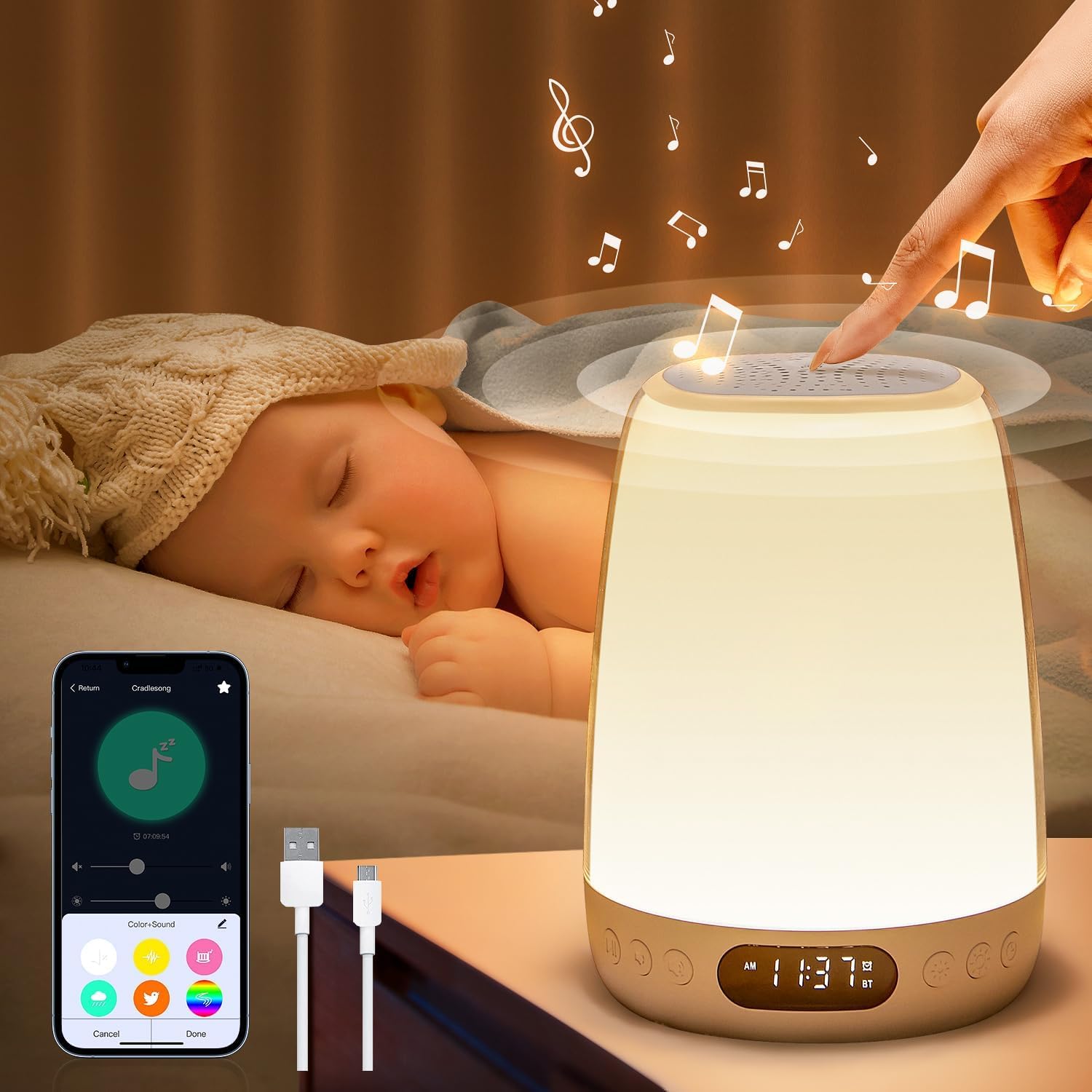One Fire Baby Night Light for Kids - 48 RGB Colors, Dimmable & Rechargeable Touch Lamp, Portable Smart Bedroom Light with APP Control, Timer & Sunrise Alarm Clock | Nursery, Kids Room, Bedside, Travel Night Light