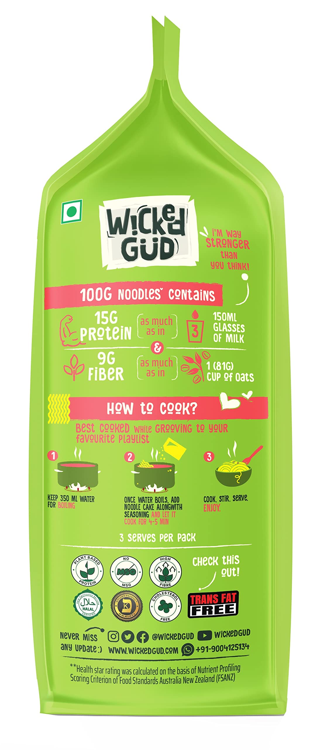 WickedGud Masala Noodles (7.3oz x 3 Pack) - No Refined Flour, Oil Free, MSG Free | High Protein & Fiber Noodles | Cholesterol Free | Perfect for Quick Meals, Camping & College Dorm Snacks