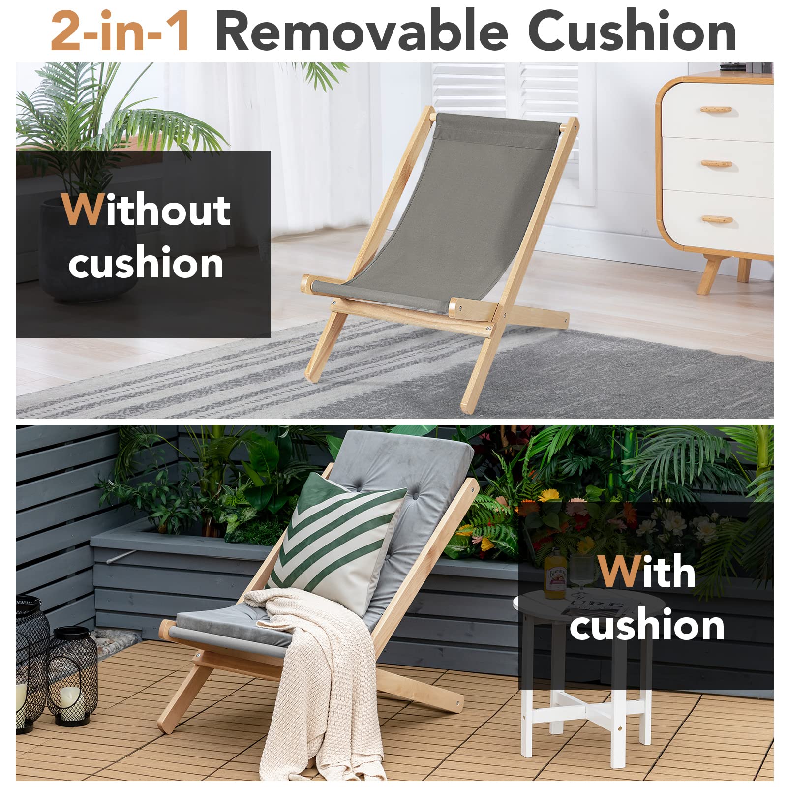 Tangkula Folding Sling Chair - Portable Outdoor Wooden Beach Lounge Chair with 3-Position Adjustable Backrest & Thick Cushion - Perfect for Backyard, Poolside, Balcony, Camping and Beach Relaxation