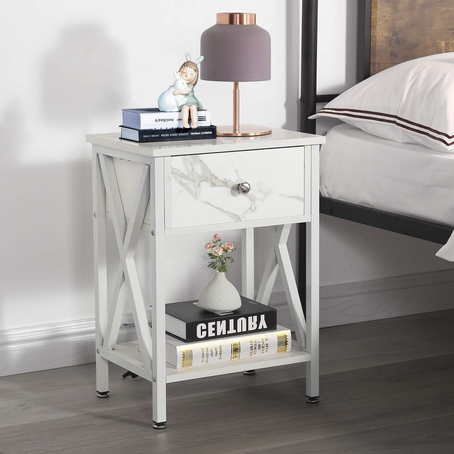 VECELO Modern Nightstand with Storage Drawer - X-Design End Table with Shelf for Bedroom & Living Room - Marble White Finish - Perfect for Small Spaces & Apartment Decor