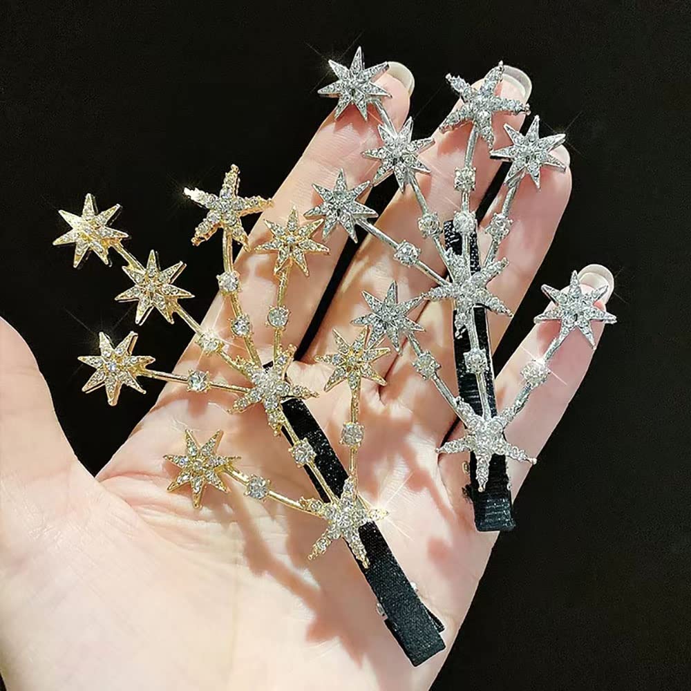 2 Pcs Elegant Rhinestone Gypsophila Hair Clips for Women - Gold & Silver Crystal Star Duckbill Hairpins | Perfect for Weddings, Parties & Everyday Hairstyling