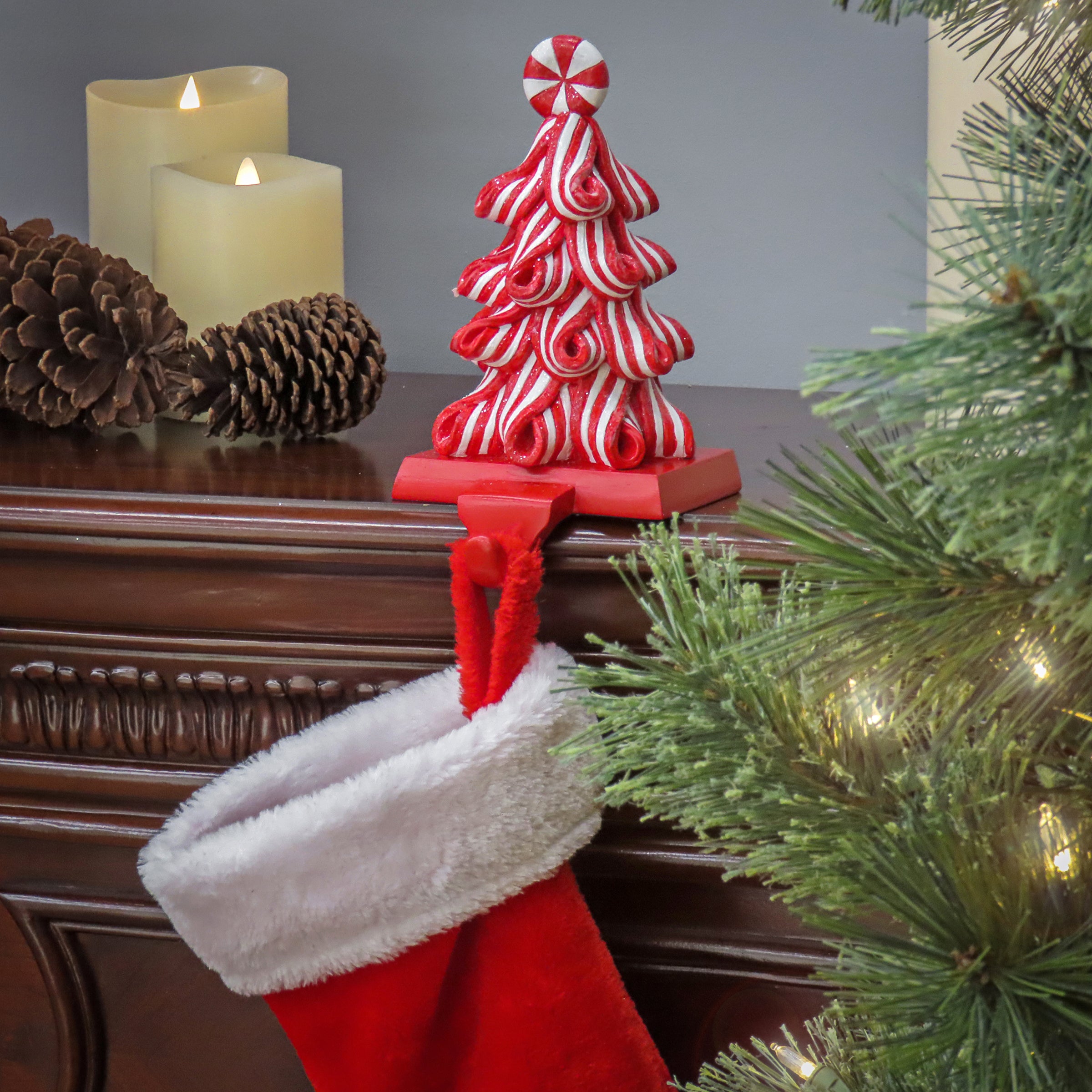 8 Inch HGTV Home Collection White Stripe Candy Tree Stocking Holder - Perfect for Christmas Decor, Fireplace Mantel, and Holiday Home Styling