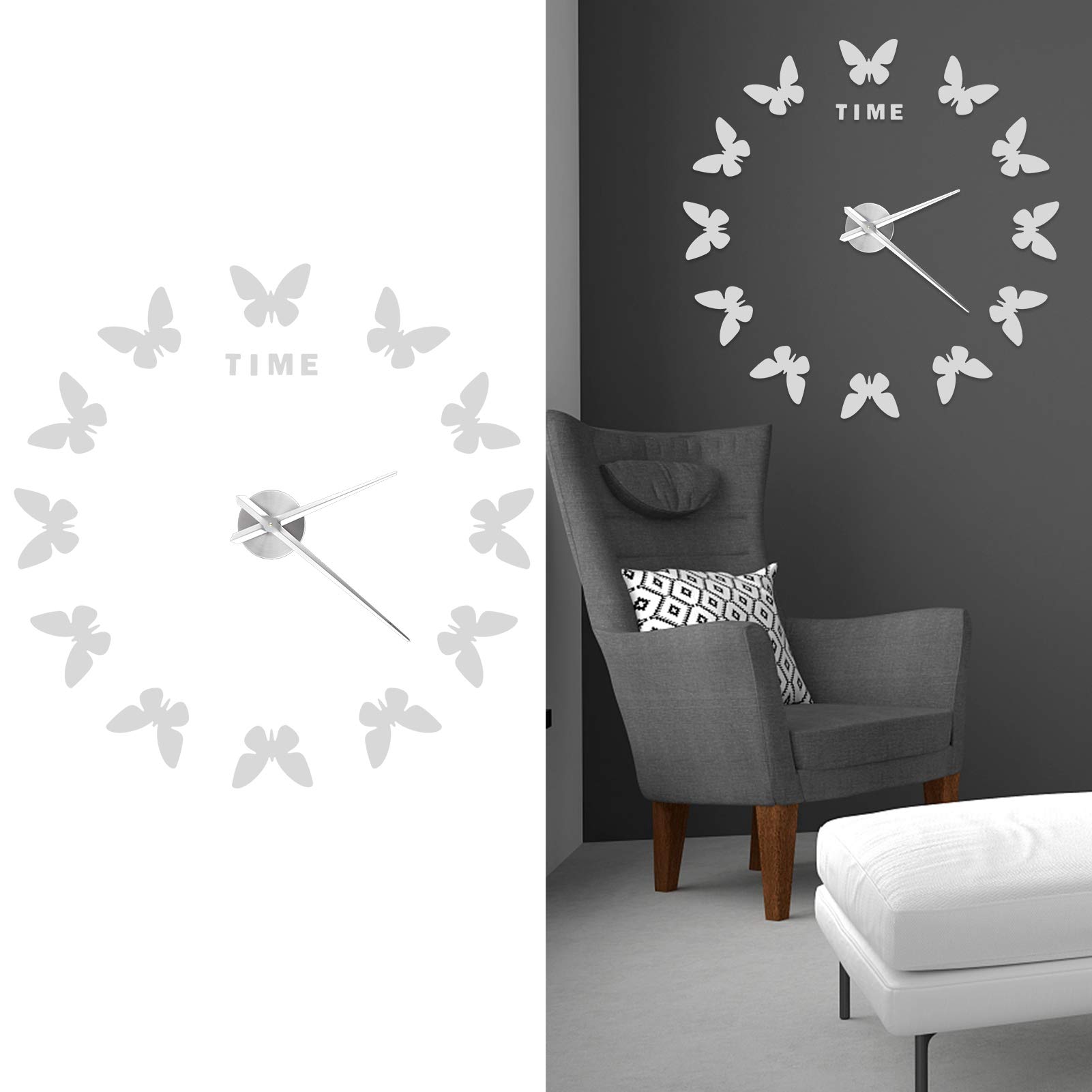 Alvinlite Large Frameless DIY Mirror Wall Clock - Modern Butterfly Art Design for Living Room & Bedroom Decor (Silver) - Perfect for Home, Office, and Gift Giving