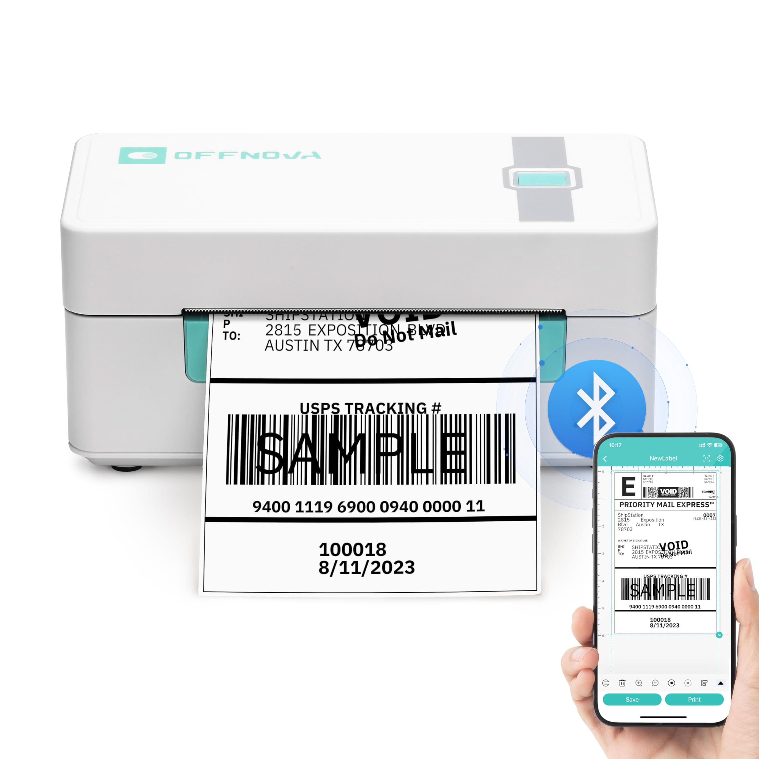 OFFNOVA 4x6 Bluetooth Thermal Label Printer for Shipping & Small Business - Compatible with USPS, eBay, Shopify, Etsy - Works with Windows, Mac, iOS, Android - Perfect for E-commerce, Warehousing & Logistics
