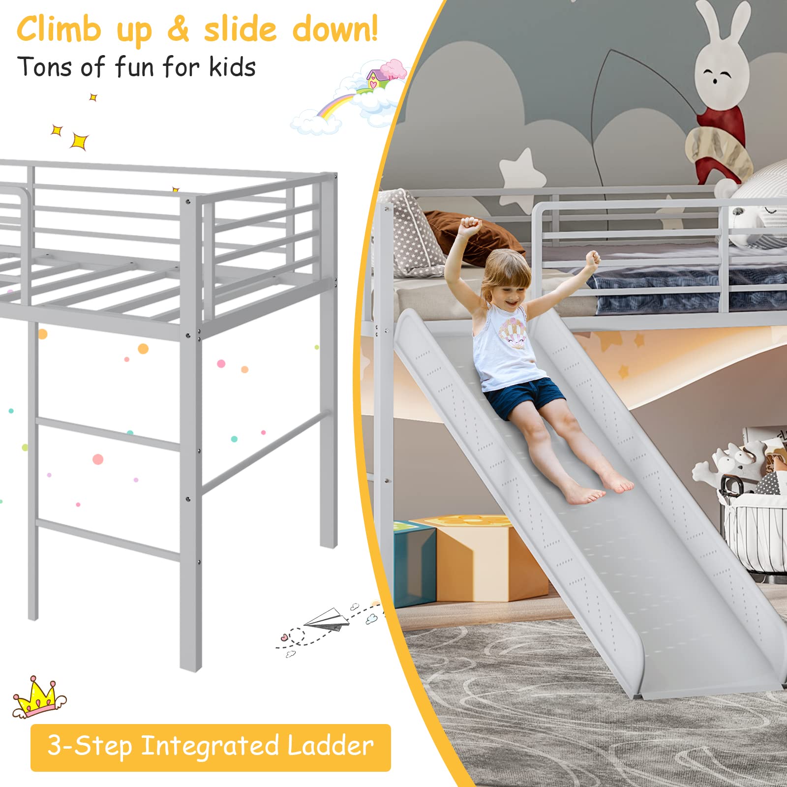**Giantex Twin Loft Bed with Slide - Sturdy Metal Low Bunk Bed for Kids, Safety Guardrails & Built-in Ladder, No Box Spring Needed, Toddler Bed Floor Frame for Boys & Girls (Silver) - Perfect for Small Bedrooms, Playrooms & Sleepovers**
