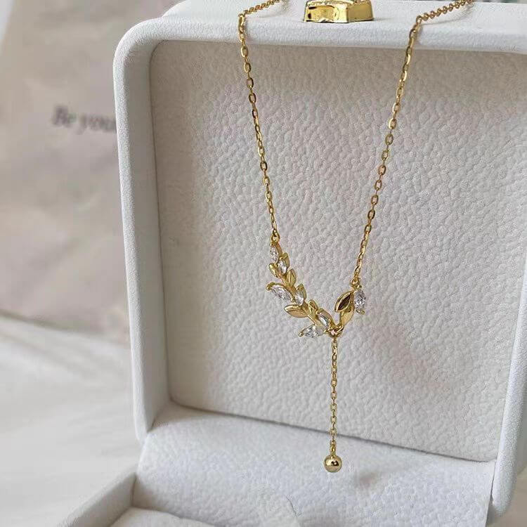 Marquise Olive Branch Leaf Y Necklace - Elegant Sterling Silver Pendant for Women | Perfect for Weddings, Anniversaries & Everyday Wear | R8236