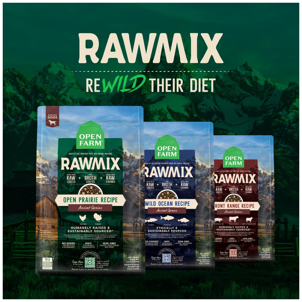 Open Farm RawMix Dry Dog Food with Ancient Grains - High Protein Kibble Coated in Bone Broth & Freeze-Dried Raw Chunks, Salmon Whitefish & Rockfish Wild Ocean Recipe - 20lb Bag for Large & Active Dogs - Perfect for Training, Outdoor Adventures & Daily Nutrition