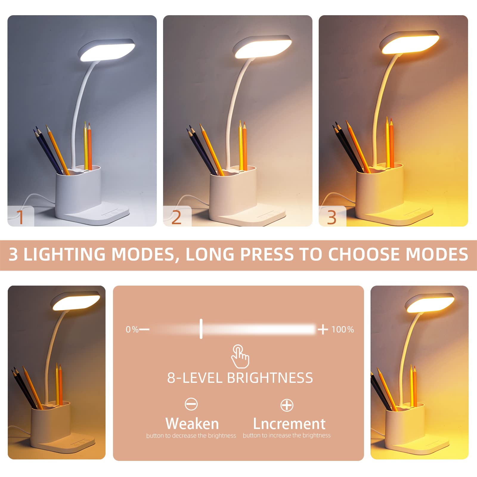 Owwasd Eye-Caring Desk Lamp with 3 Light Modes & Stepless Dimming, Flexible Gooseneck, USB Charging Port, Pen & Phone Holder - Touch Control Table Lamp for Study, Office, Reading, Home & Dorm Room Lighting
