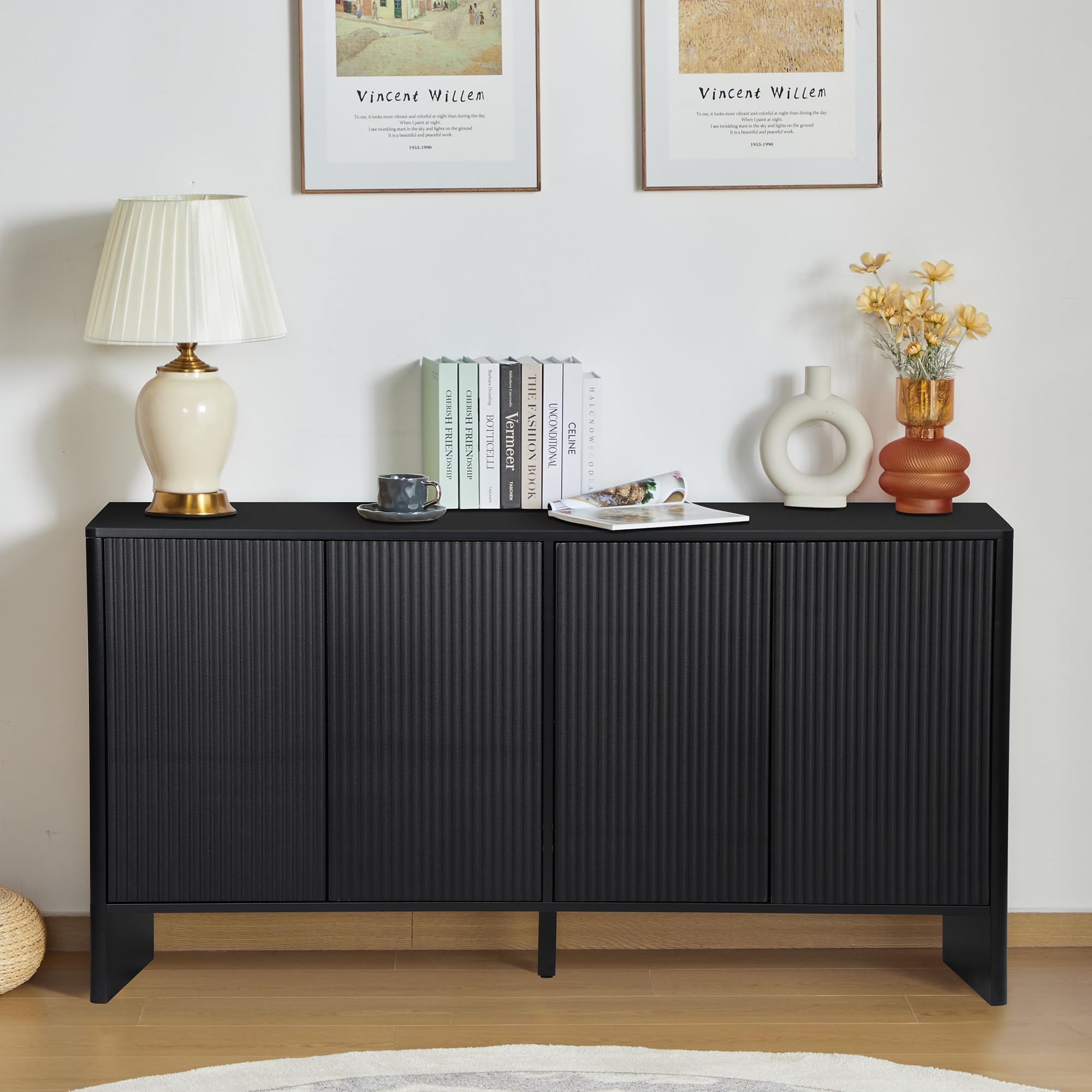 Modern Sideboard Buffet Cabinet with 4 Fluted Doors & Adjustable Shelves - Wood Credenza Storage Console for Kitchen, Dining Room, Living Room & Entryway - Stylish Home Organization Solution (Black)