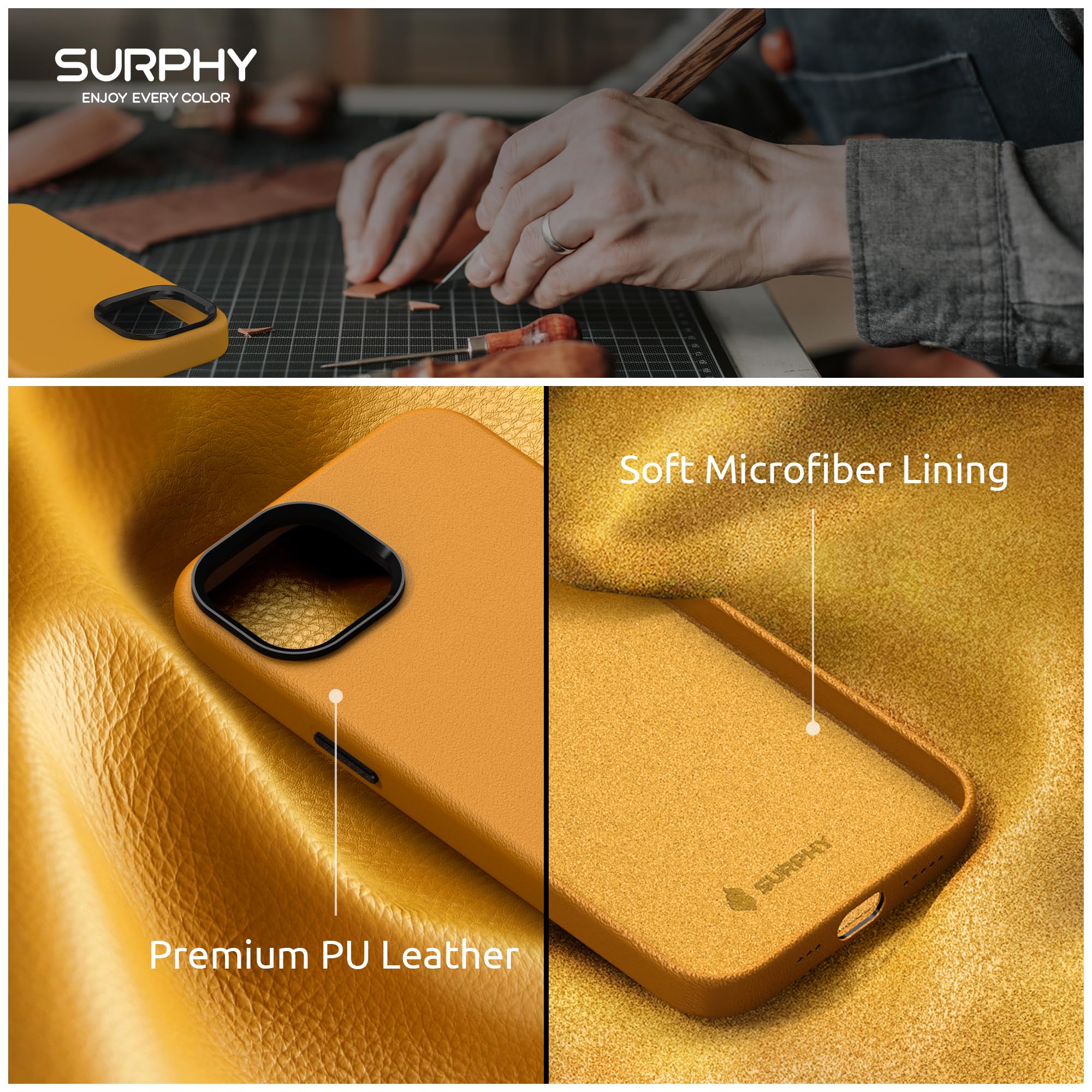 SURPHY Premium Faux Leather iPhone 13 Case (6.1 inch 2021) with Metallic Buttons & Microfiber Lining - Yellow California Poppy | Slim Protective Cover for Everyday Use, Work & Travel