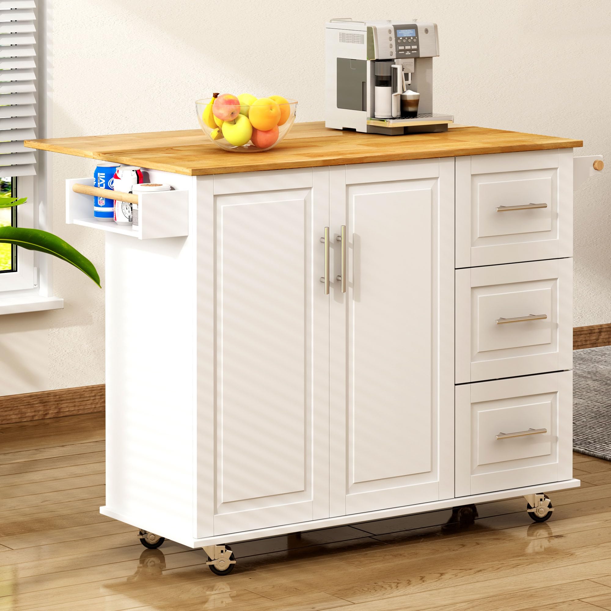 Soges Mobile Kitchen Island with Storage & Drop Leaf - Rolling Kitchen Cart with 3 Drawers, Large Cabinets & Adjustable Shelves - White - Perfect for Small Kitchens, Apartments & Food Prep Stations
