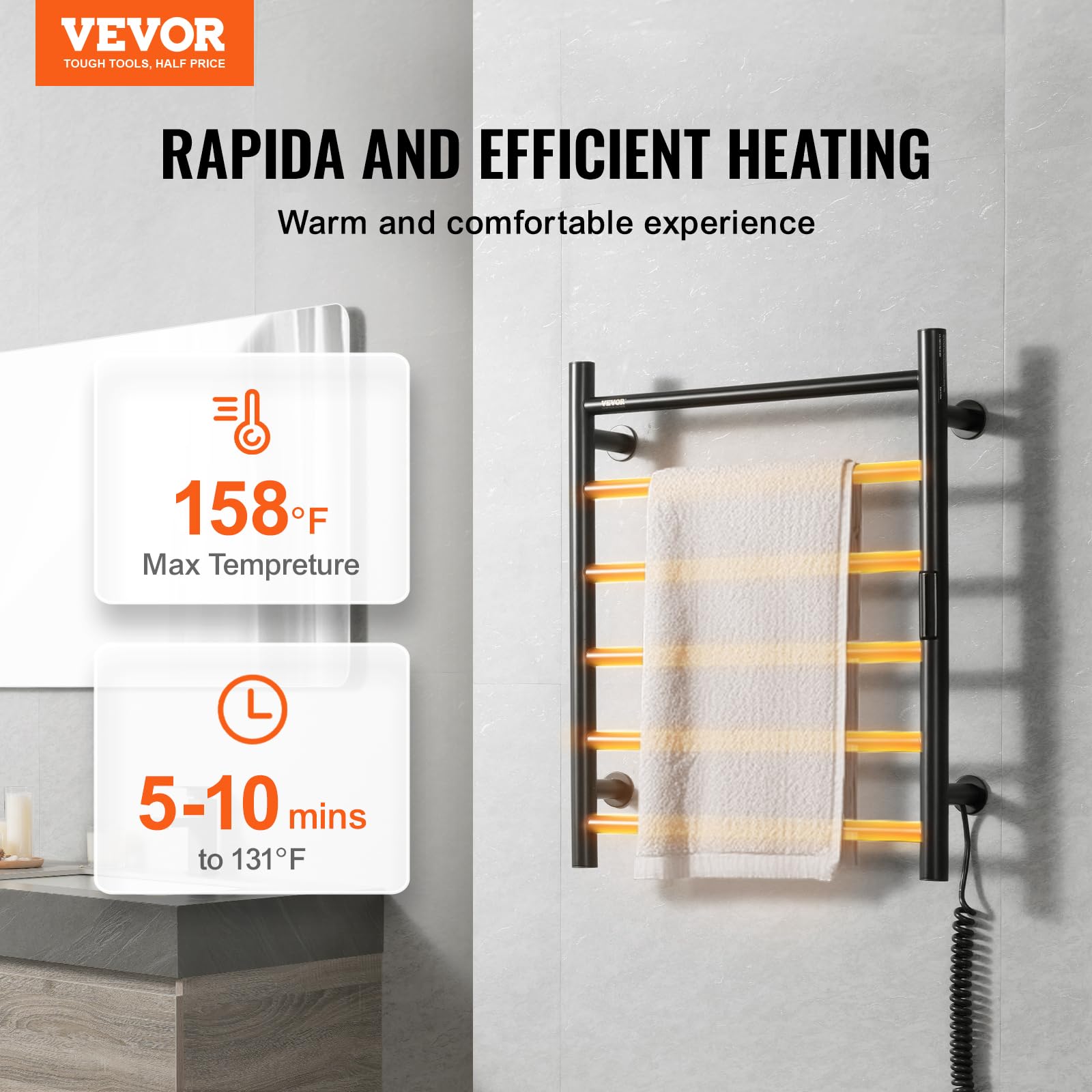 VEVOR 6-Bar Heated Towel Rack - Wall Mounted Bathroom Towel Warmer with Timer, LED Display & 5 Temperature Settings - IPX5 Waterproof Black Towel Heater for Spa, Luxury Hotels & Home Bathrooms