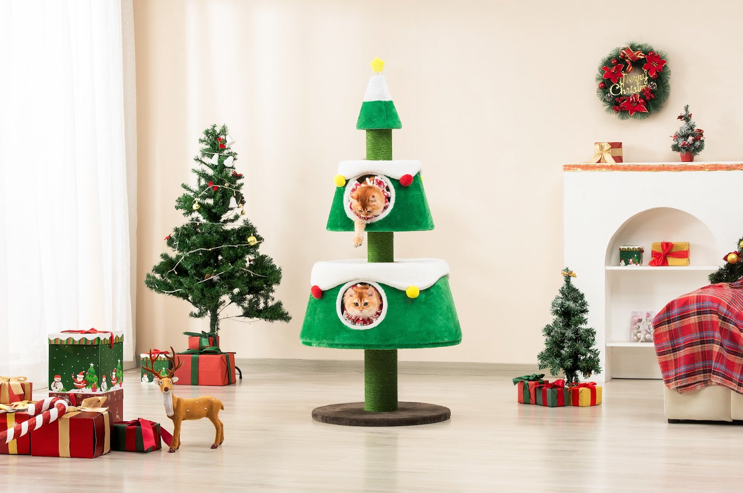 Christmas Cat Tree - 62 Inch Festive Cat Tower with Cozy Hideaway for Kittens & Cats | Holiday Pet Furniture for Play & Nap | Perfect for Living Room & Bedroom Decor