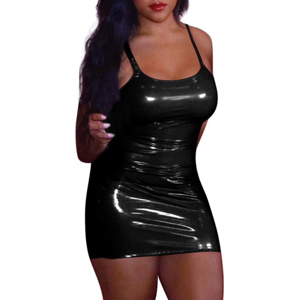 Sexy Wetlook Leather Mini Dress for Women - Club Bodycon Party Dress, Night Out, Solid Short Dress for Clubbing & Nightlife
