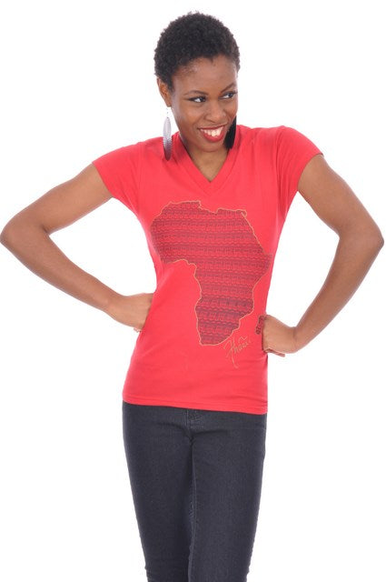 Women's Red Mud Cloth Print Africa Map V-Neck T-Shirt DP3308 - Perfect for Casual Wear, Travel & Cultural Events