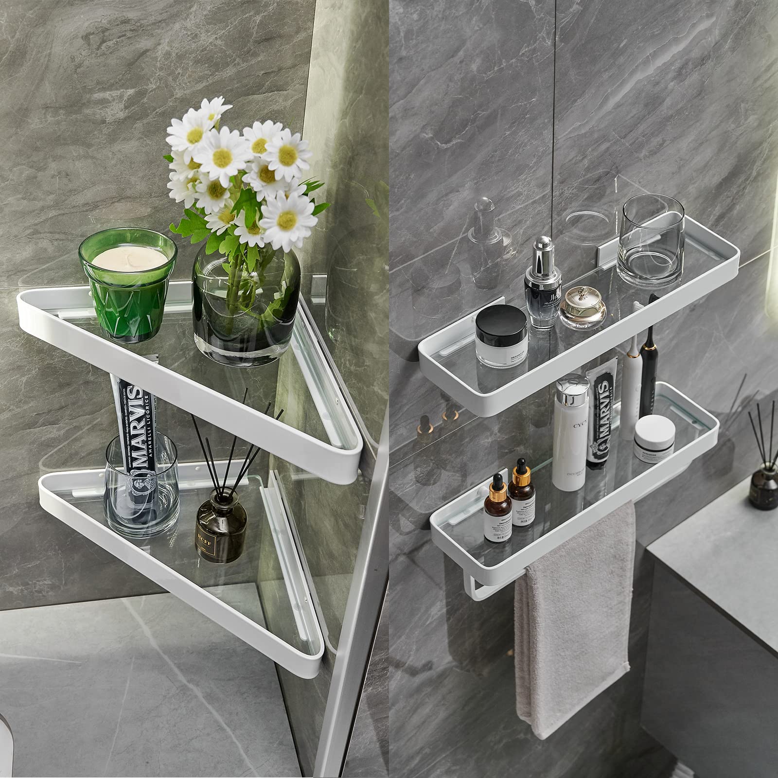 VOLPONE 2-Tier Wall Mounted Bathroom Shelves - Tempered Glass Corner Floating Shelf for Bathroom Storage & Organization (White) - Perfect for Shower Caddies, Soap Dispensers & Towel Storage